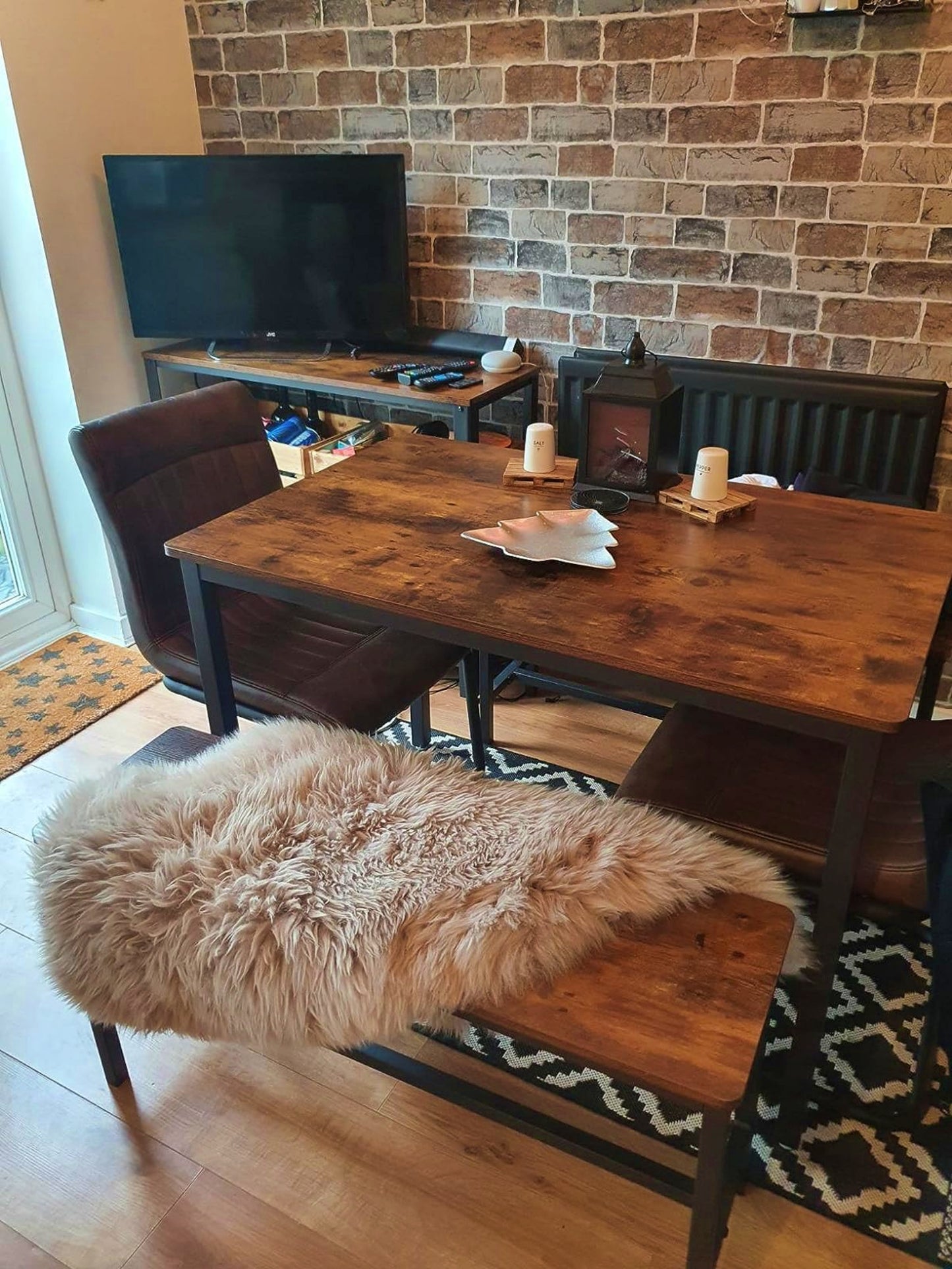 Industrial Dining Set Rustic Kitchen Table With Benches Vintage Brown Black Metal Breakfast Bar Table