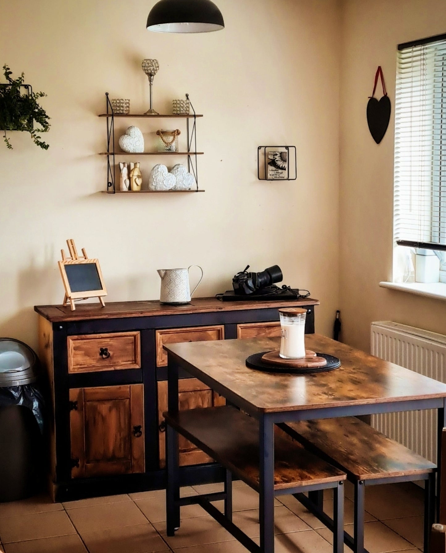 Industrial Dining Set Rustic Kitchen Table With Benches Vintage Brown Black Metal Breakfast Bar Table