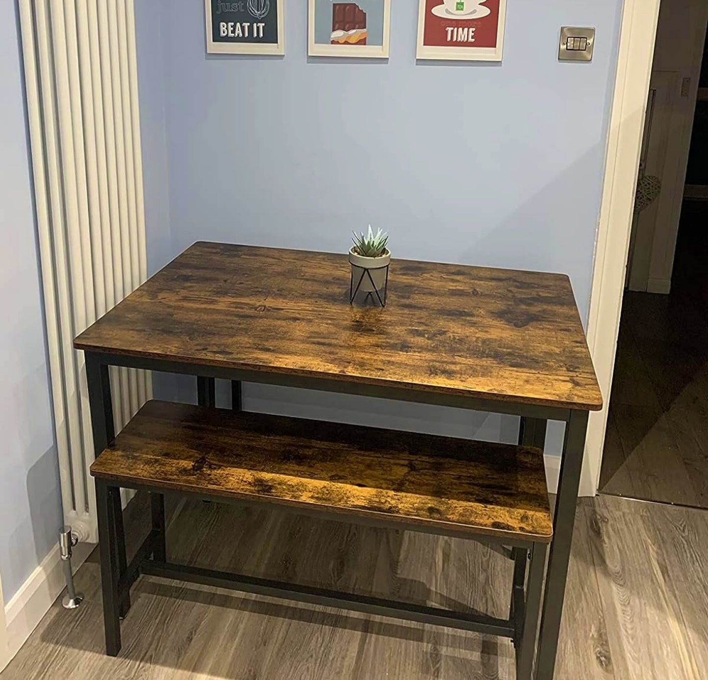 Industrial Dining Set Rustic Kitchen Table With Benches Vintage Brown Black Metal Breakfast Bar Table