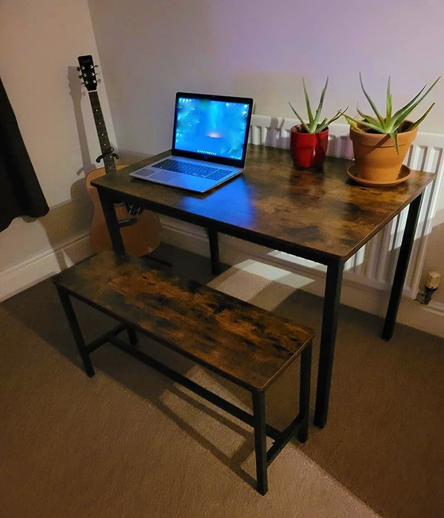 Industrial Dining Set Rustic Kitchen Table With Benches Vintage Brown Black Metal Breakfast Bar Table