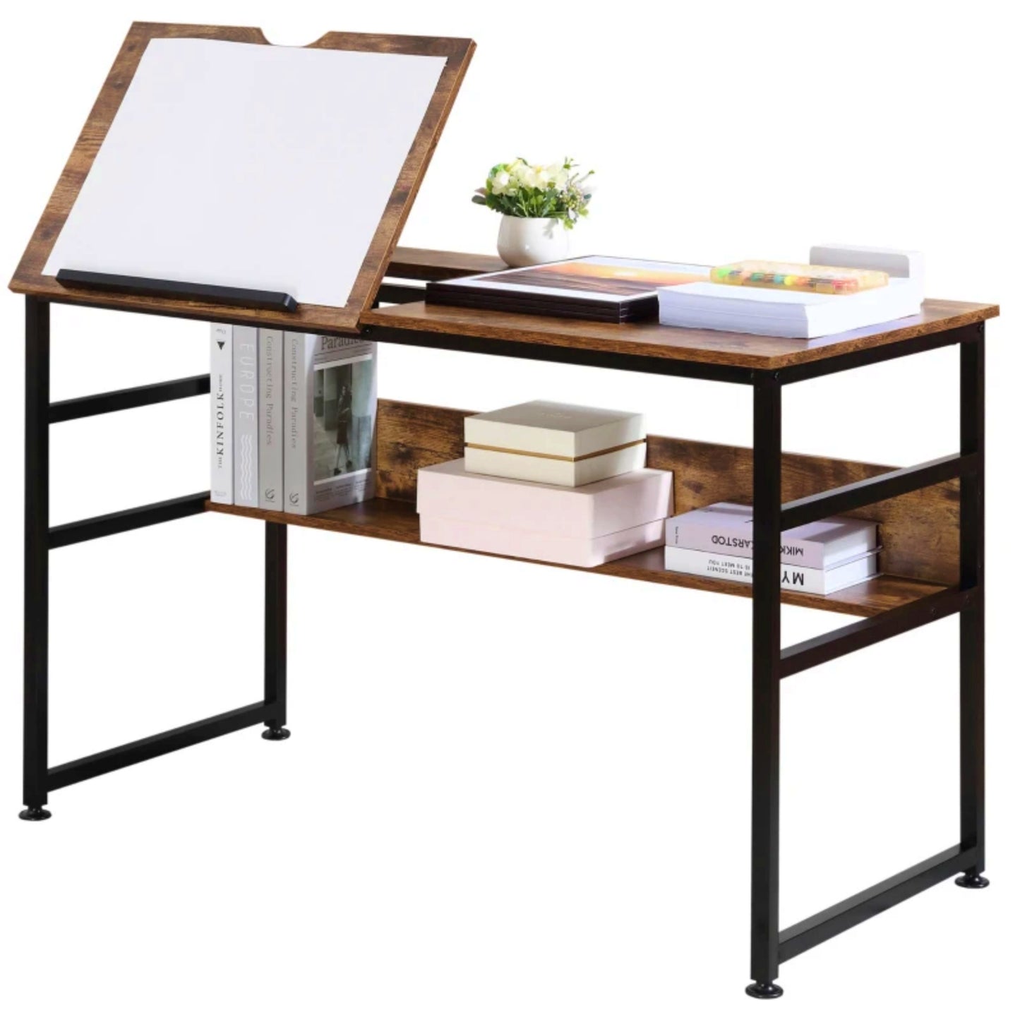 Industrial Drawing Desk Vintage Tilting Top Metal Writing Laptop Storage Unit