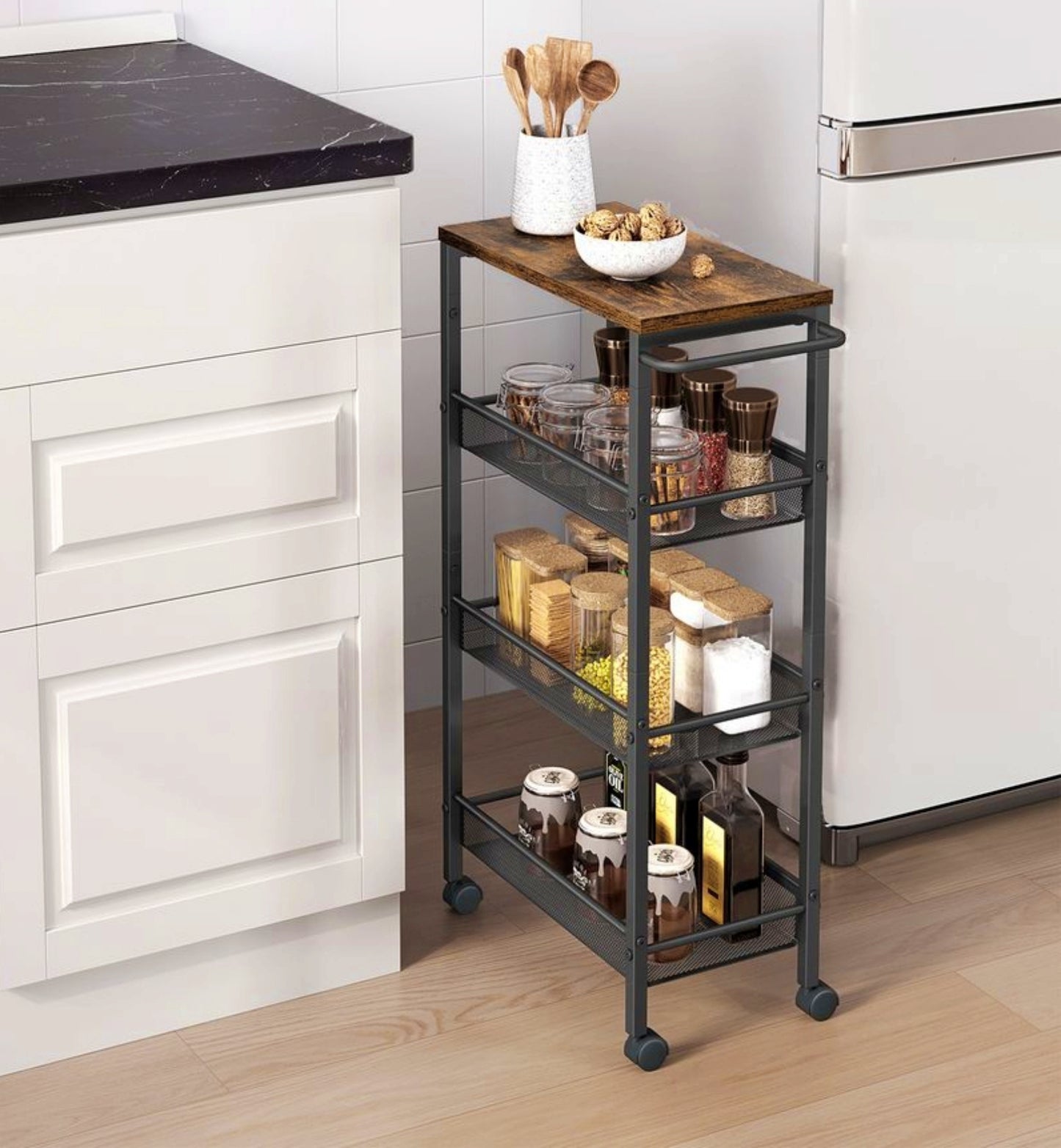 Industrial Kitchen Trolley Vintage Spice Storage Rack Cart Serving Shelving Unit