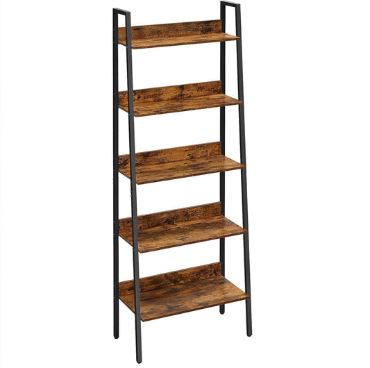 Industrial Vintage Bookcase 5-Tier Ladder Shelving Unit Narrow Tall Bookshelf Rustic Storage Plant Stand