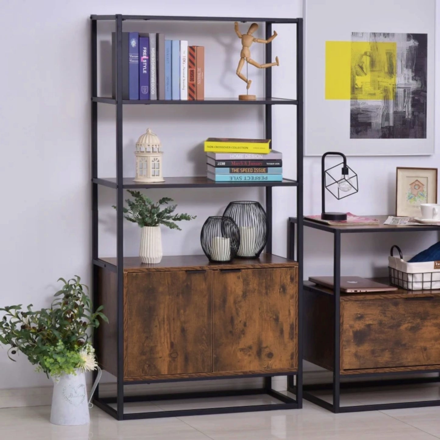 Industrial Rustic Bookcase Vintage Brown Storage Cabinet Display Shelving Unit