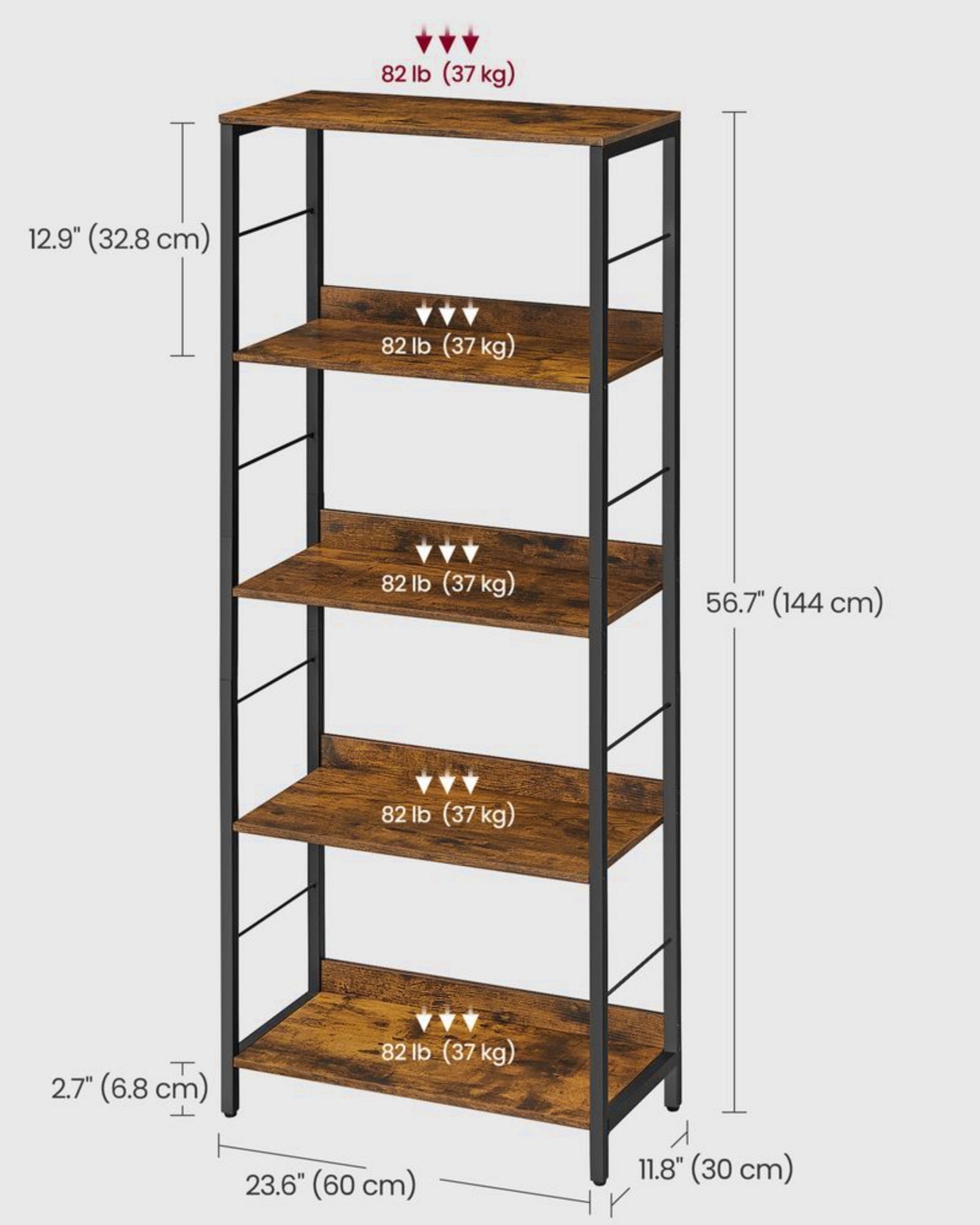 Industrial Vintage Bookcase 5 Tier Rustic Shelving Unit Wood Metal Plant Storage Stand