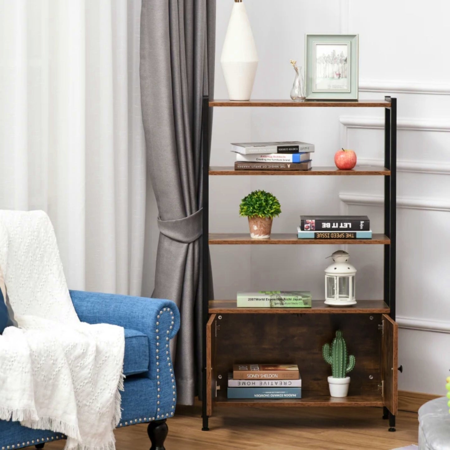 Industrial Vintage Bookcase Rustic Brown Storage Cabinet Display Shelving Unit