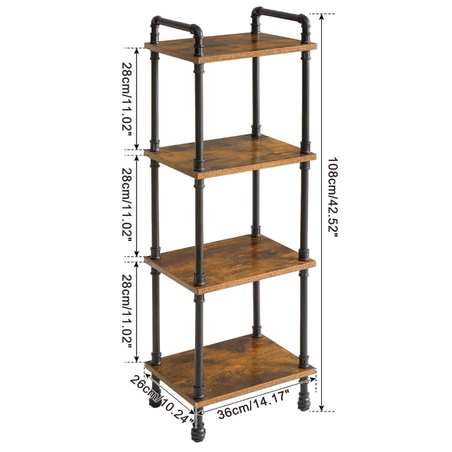 Industrial Vintage Bookcase 4 Tier Narrow Shelving Unit Rustic Storage Bookshelf