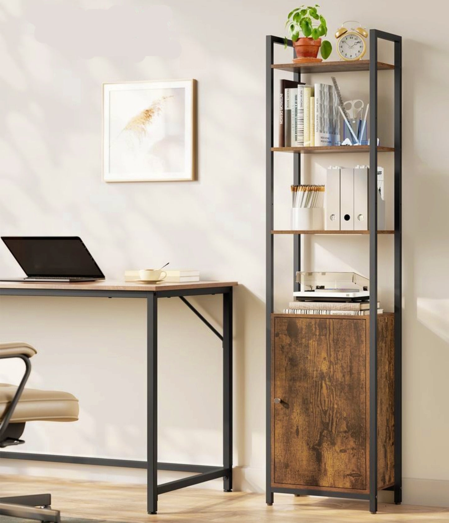 Industrial Storage Cabinet Vintage Tall Bookcase Rustic Bookshelf Kitchen Cupboard With Door Home Office Furniture