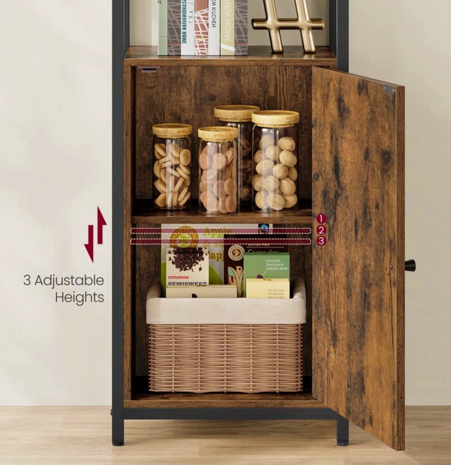 Industrial Storage Cabinet Vintage Tall Bookcase Rustic Bookshelf Kitchen Cupboard With Door Home Office Furniture