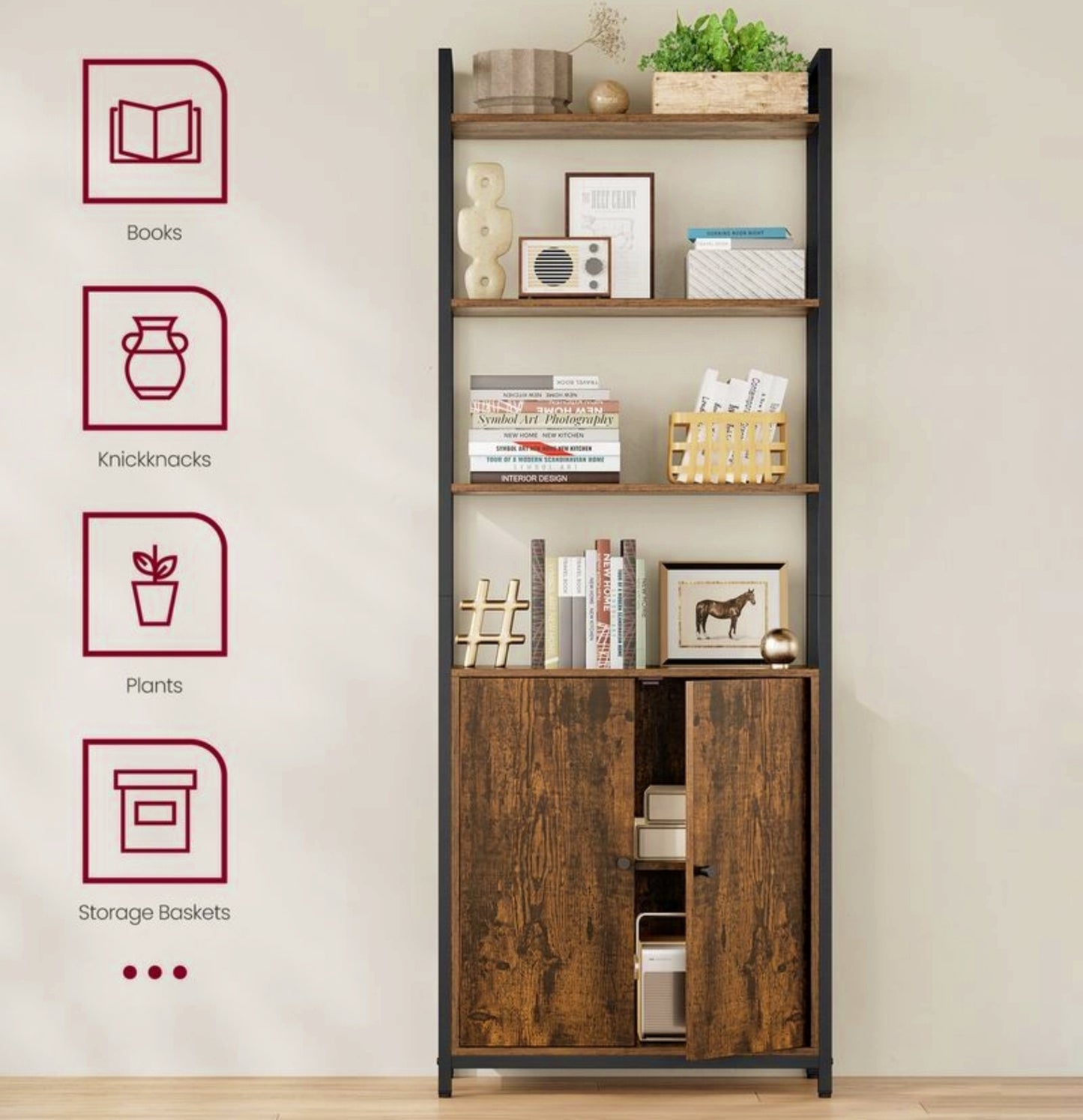 Industrial Storage Cabinet Vintage Tall Bookcase Rustic Bookshelf Kitchen Cupboard With Doors Home Office Furniture