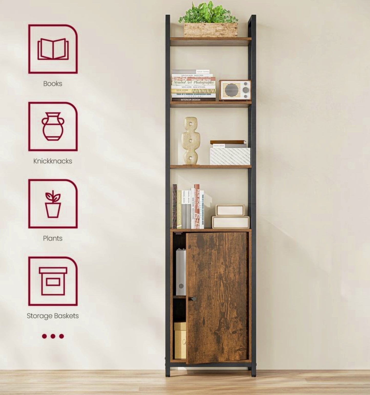 Industrial Storage Cabinet Vintage Tall Bookcase Rustic Bookshelf Kitchen Cupboard With Door Home Office Furniture