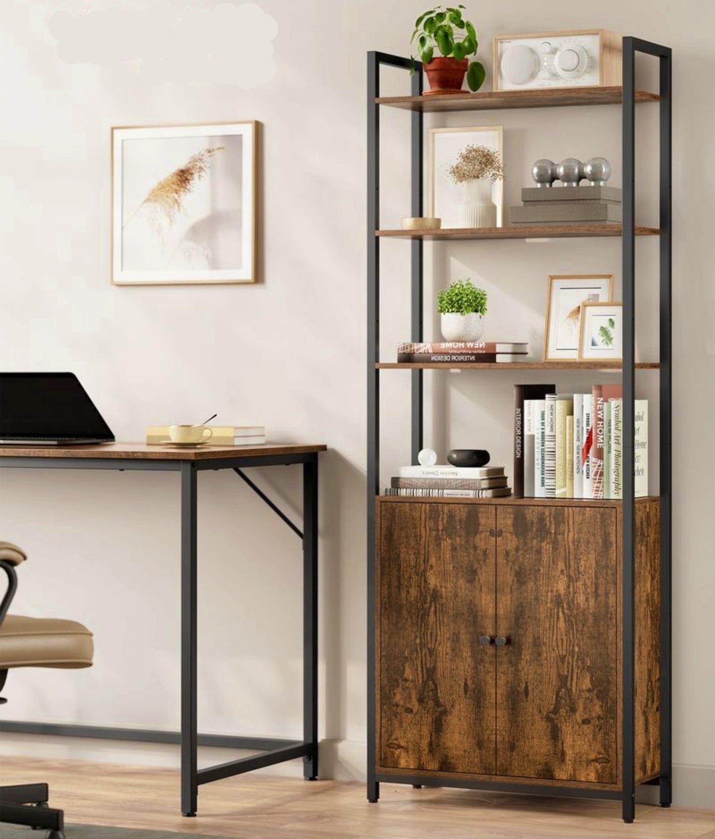 Industrial Storage Cabinet Vintage Tall Bookcase Rustic Bookshelf Kitchen Cupboard With Doors Home Office Furniture