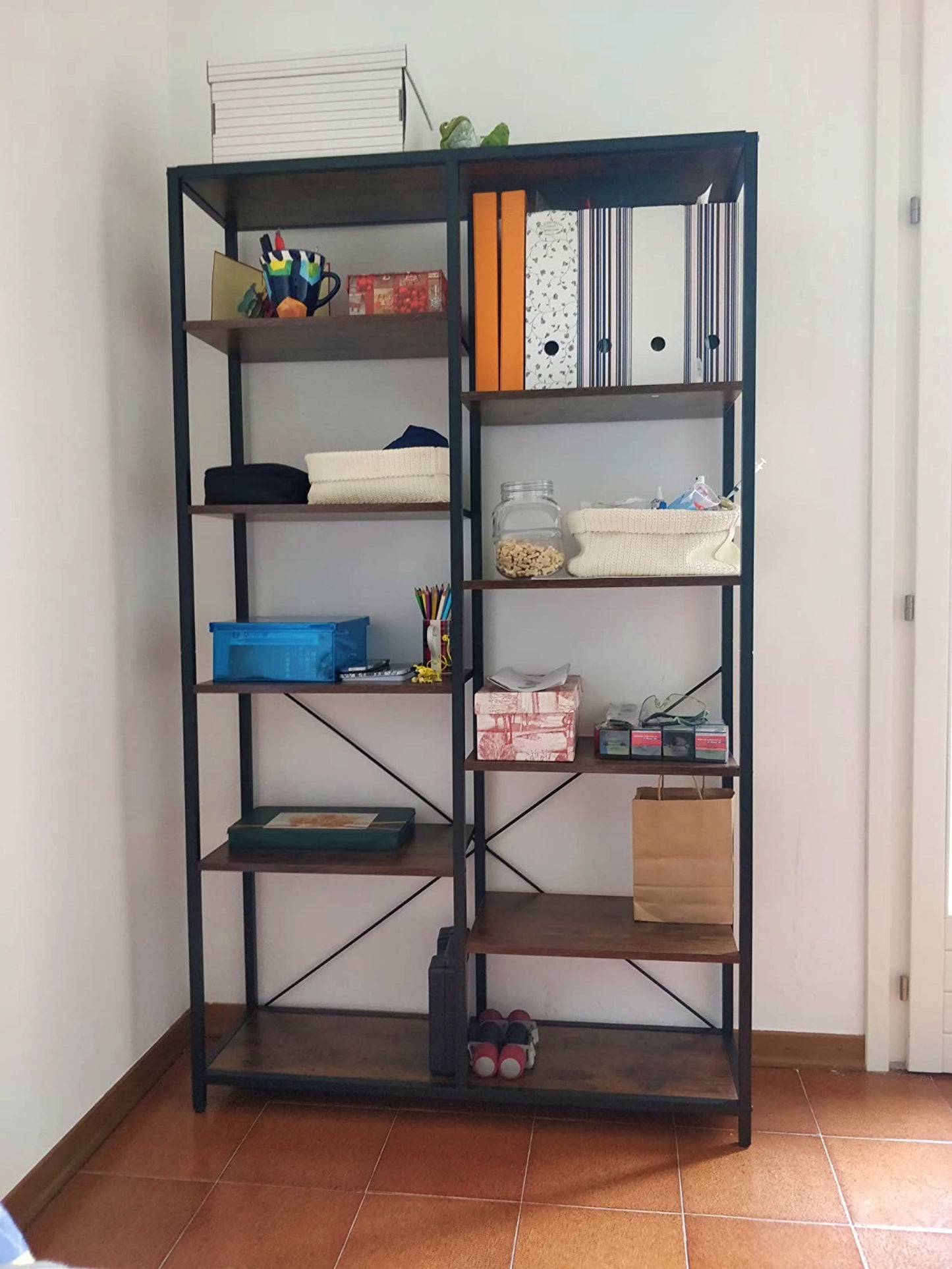 Industrial Tall Bookcase Modern Shelving Unit Wood Metal Room Divider Storage