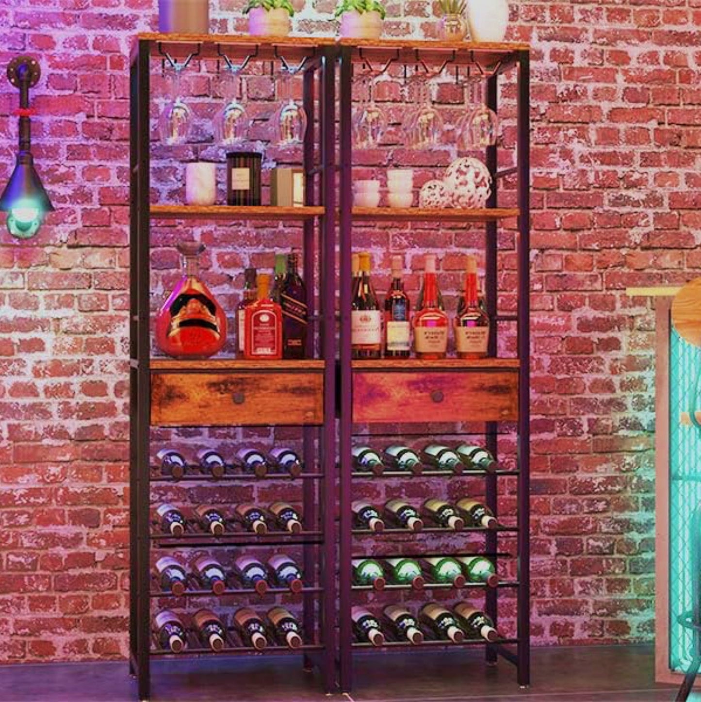 Industrial Wine Rack Freestanding Bar Cabinet Tall Glass Bottle Storage Stand