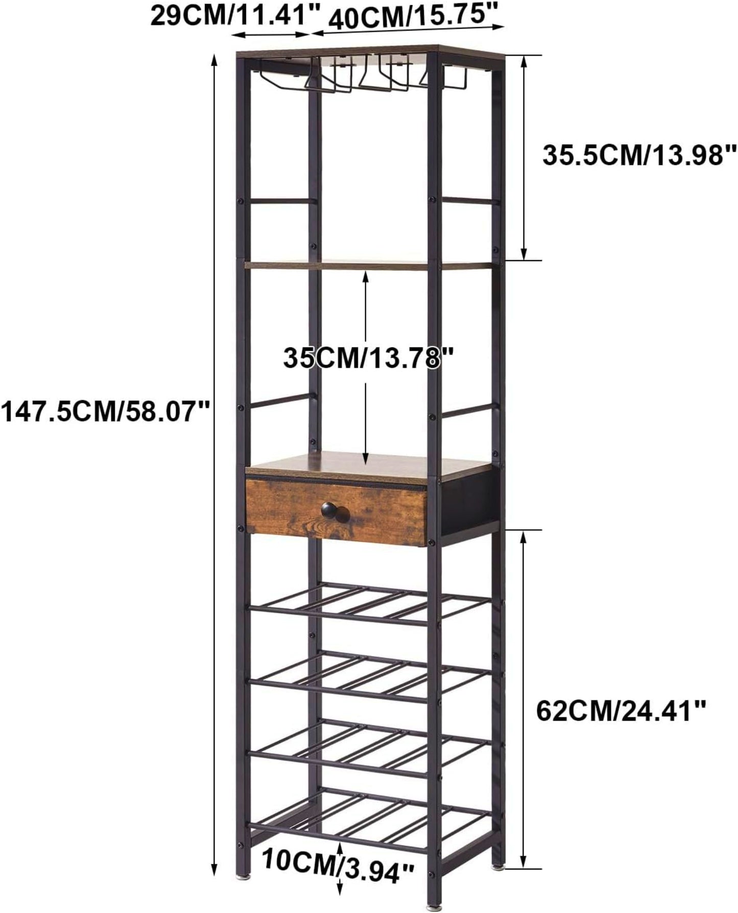 Industrial Wine Rack Freestanding Bar Cabinet Tall Glass Bottle Storage Stand