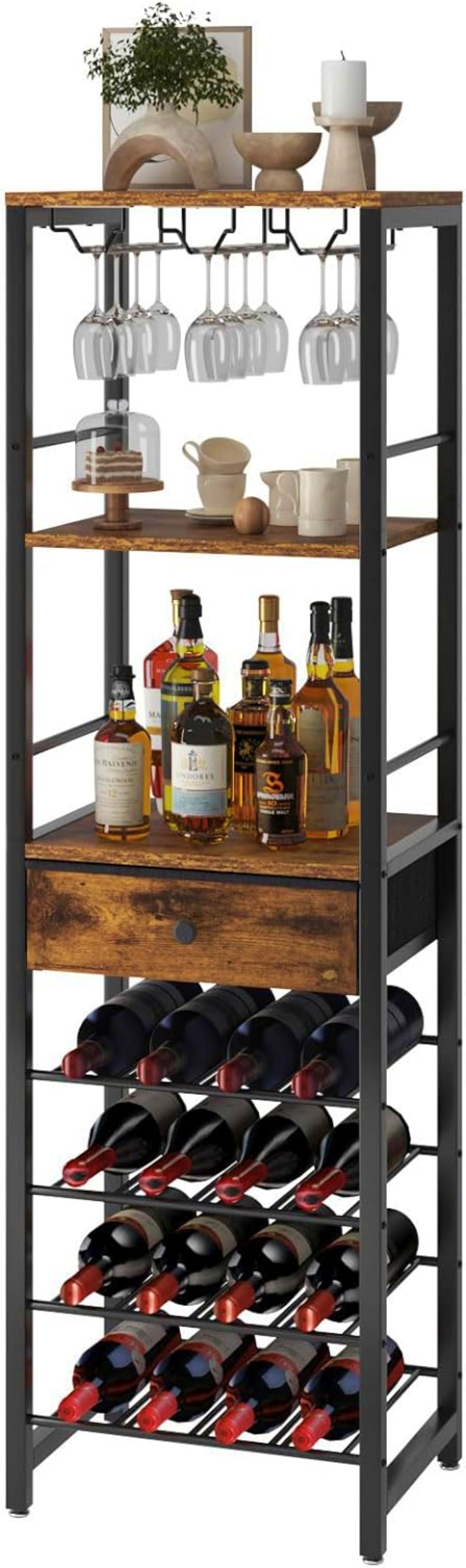 Industrial Wine Rack Freestanding Bar Cabinet Tall Glass Bottle Storage Stand