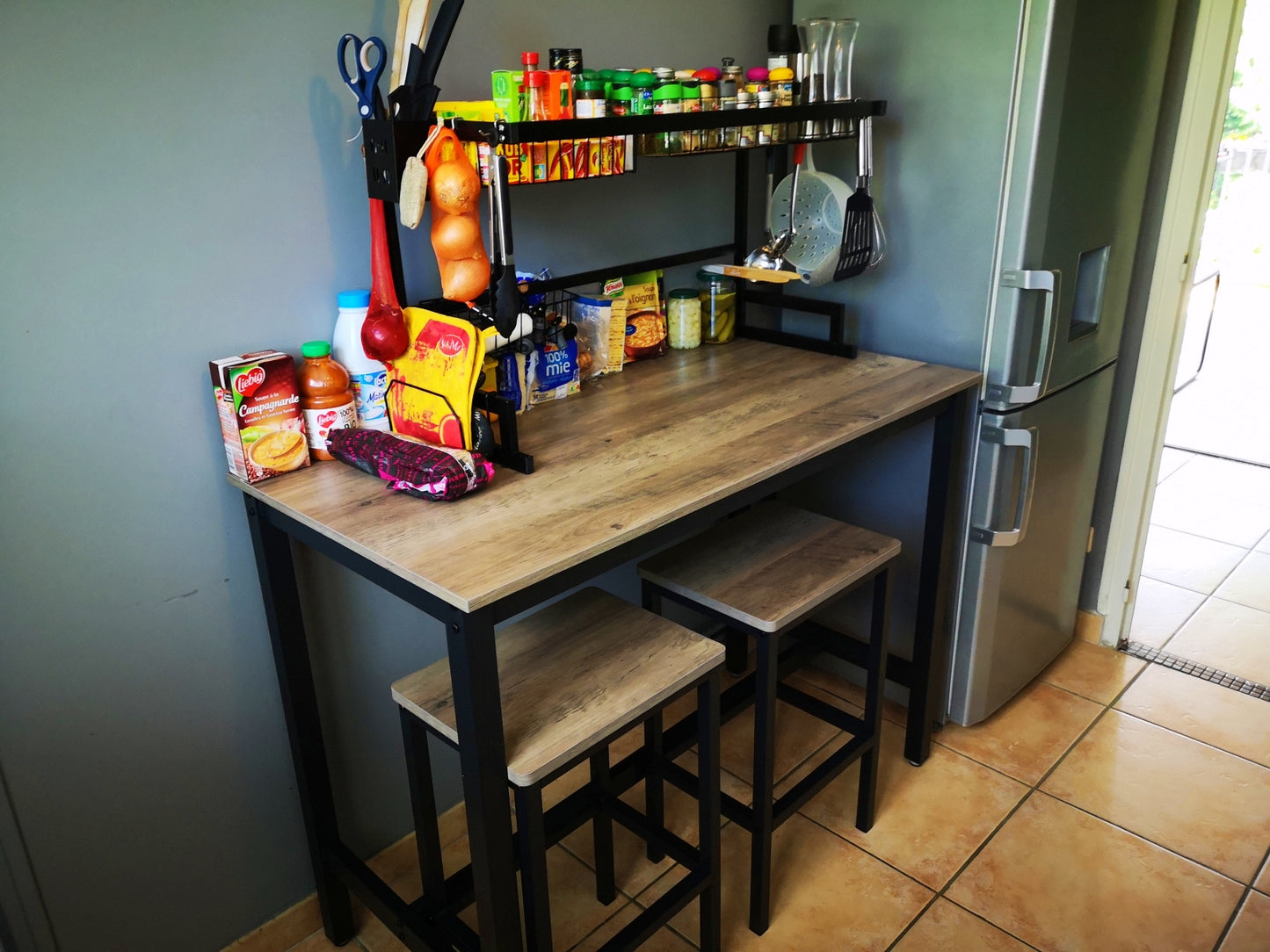 Industrial Kitchen Table Set Large Vintage Bar Coffee Breakfast Stand W/ Stools