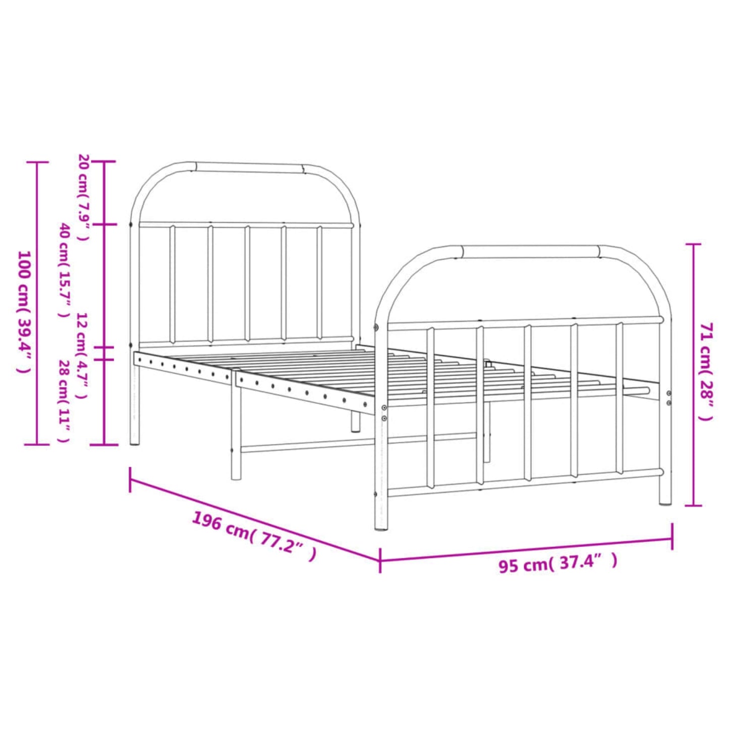 Metal Bed Frame White Single 3ft Bedstead Vintage Guest Room Teens Furniture