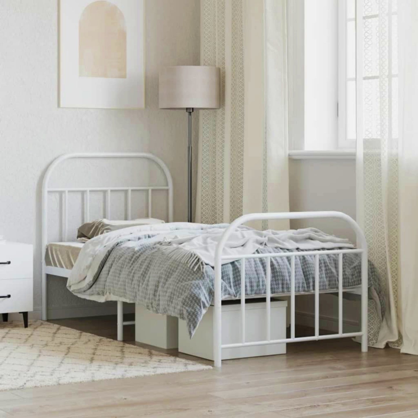 Metal Bed Frame White Single 3ft Bedstead Vintage Guest Room Teens Furniture