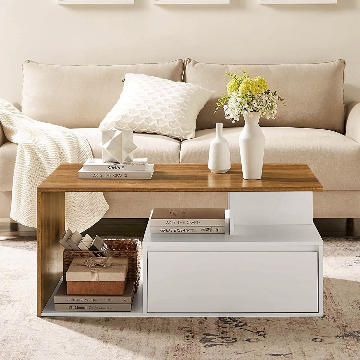 Modern Coffee Table White Living Room Contemporary Furniture Storage Drawer