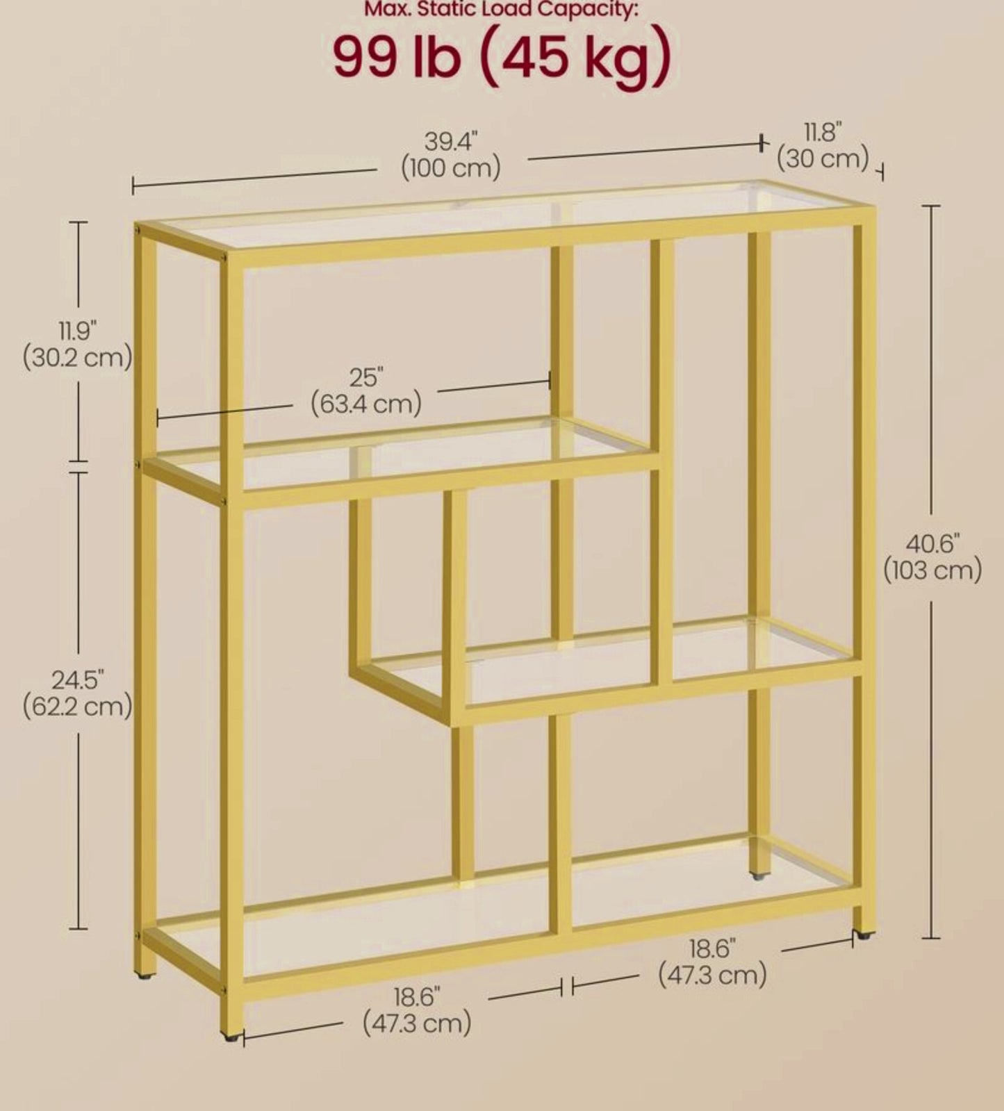 Glass Narrow Bookcase Modern Console Table Slim Shelving Storage Unit Metal Gold Bookshelf