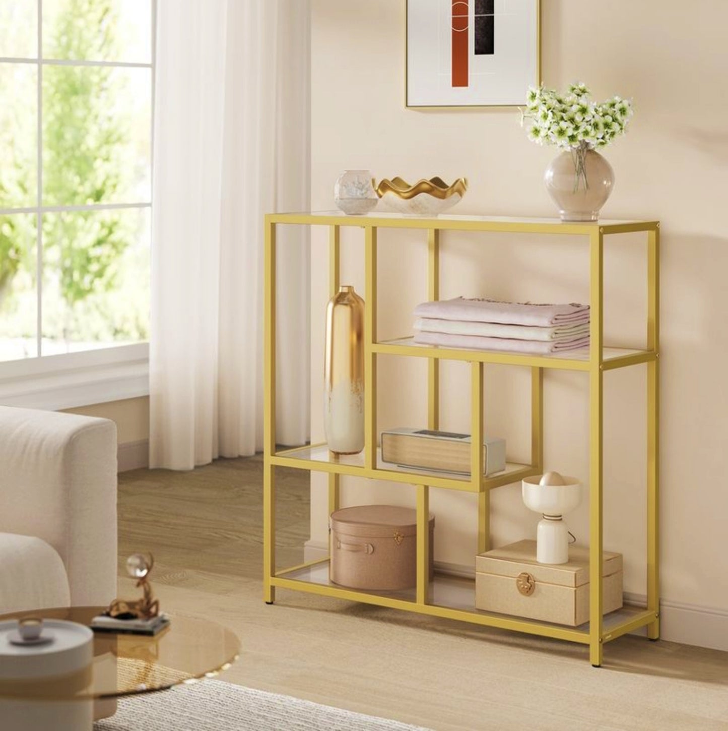 Glass Narrow Bookcase Modern Console Table Slim Shelving Storage Unit Metal Gold Bookshelf