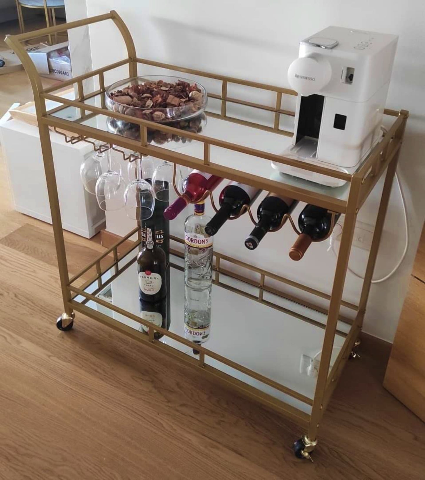 Modern Drinks Trolley Elegant Glass Bar Table Gold Cart Mirrored Breakfast Serving Tray Contemporary Wine Storage