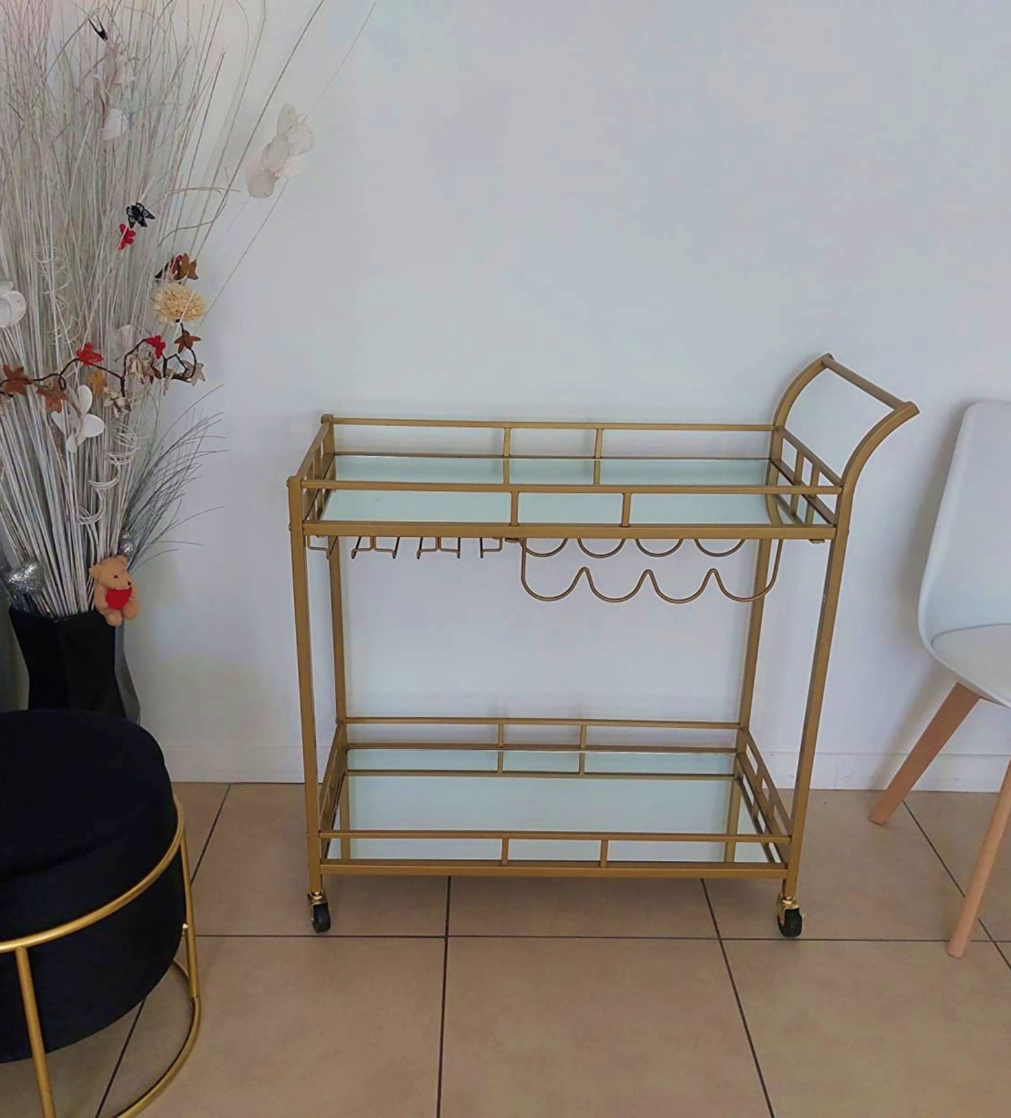 Modern Drinks Trolley Elegant Glass Bar Table Gold Cart Mirrored Breakfast Serving Tray Contemporary Wine Storage