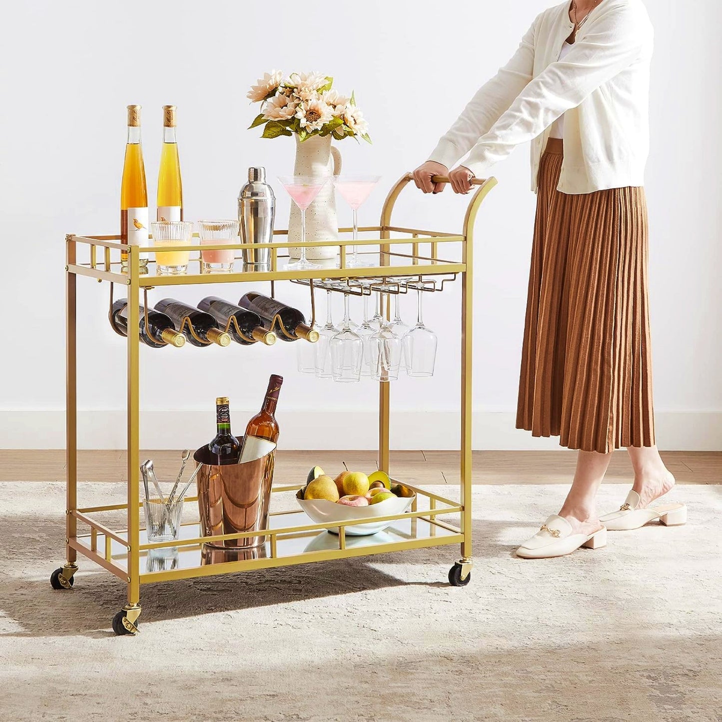 Modern Drinks Trolley Elegant Glass Bar Table Gold Cart Mirrored Breakfast Serving Tray Contemporary Wine Storage