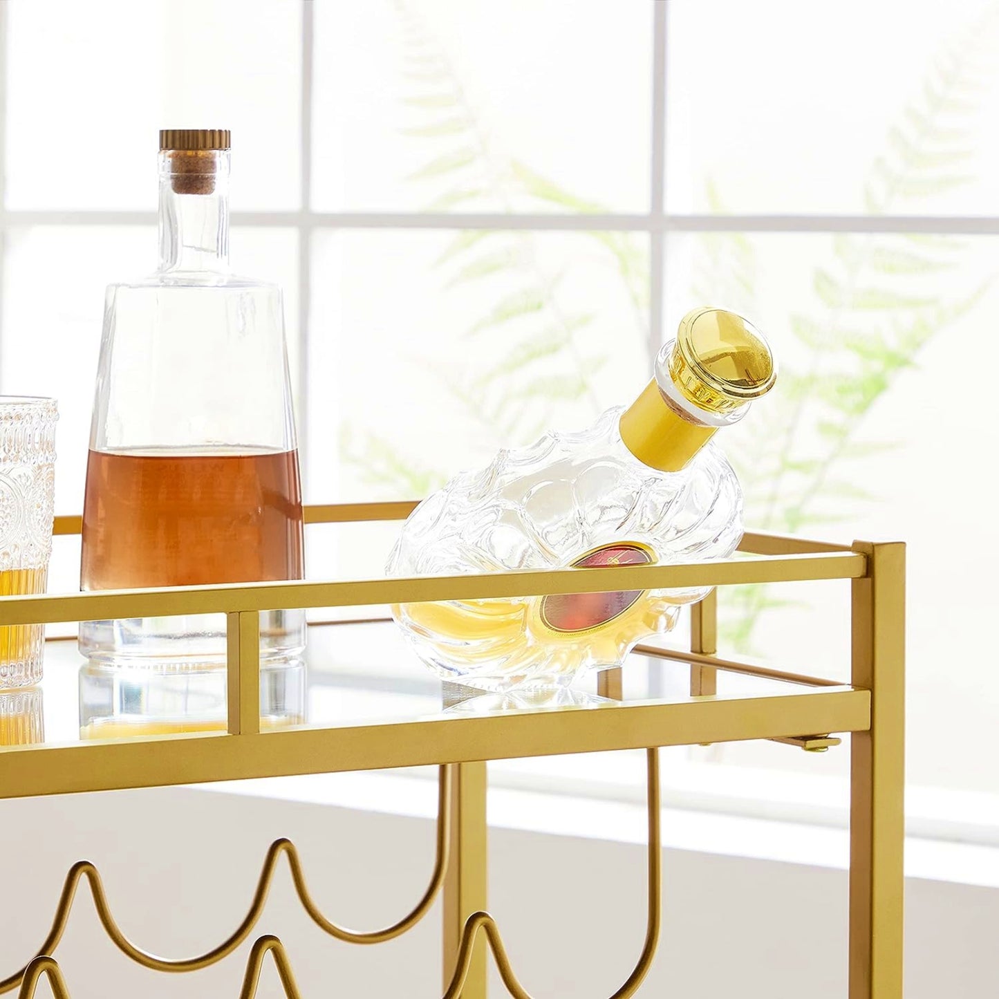 Modern Drinks Trolley Elegant Glass Bar Table Gold Cart Mirrored Breakfast Serving Tray Contemporary Wine Storage