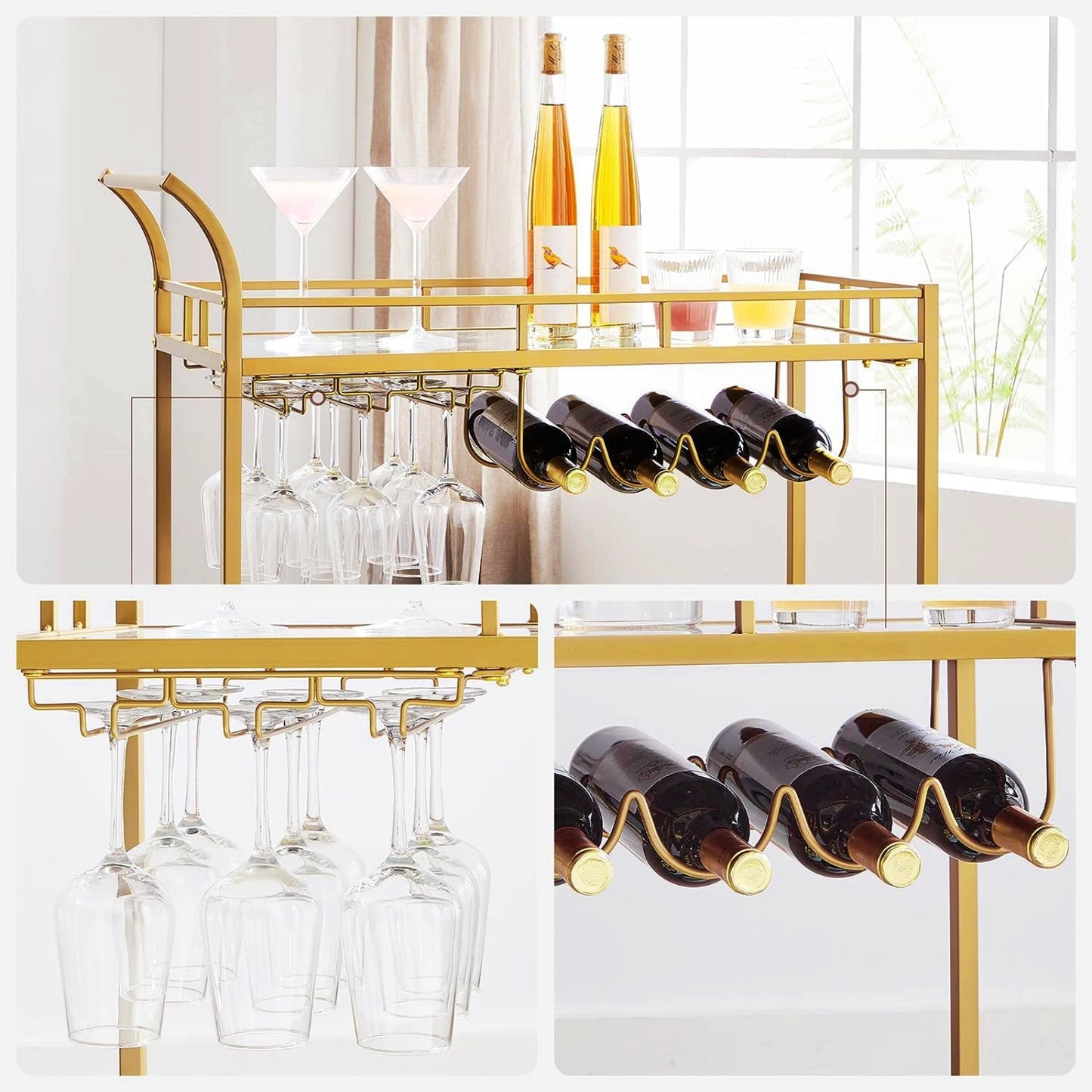 Modern Drinks Trolley Elegant Glass Bar Table Gold Cart Mirrored Breakfast Serving Tray Contemporary Wine Storage