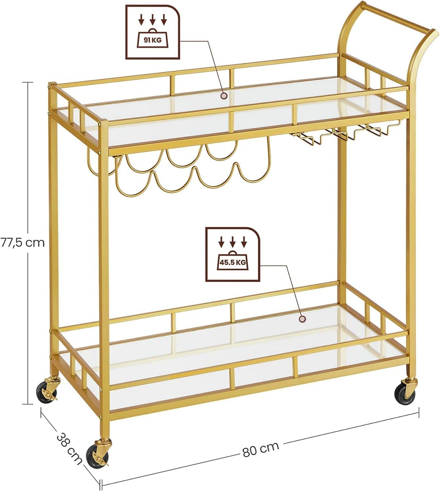 Modern Drinks Trolley Elegant Glass Bar Table Gold Cart Mirrored Breakfast Serving Tray Contemporary Wine Storage