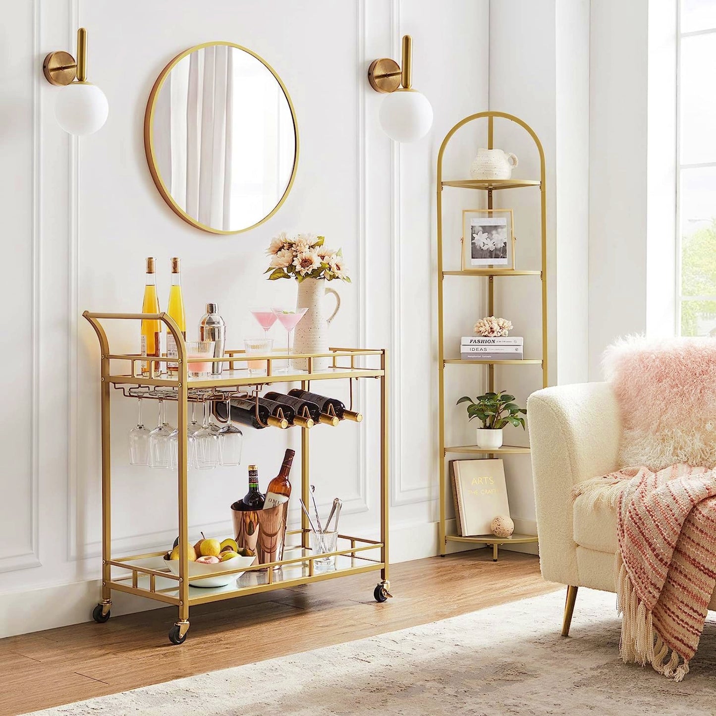 Modern Drinks Trolley Elegant Glass Bar Table Gold Cart Mirrored Breakfast Serving Tray Contemporary Wine Storage