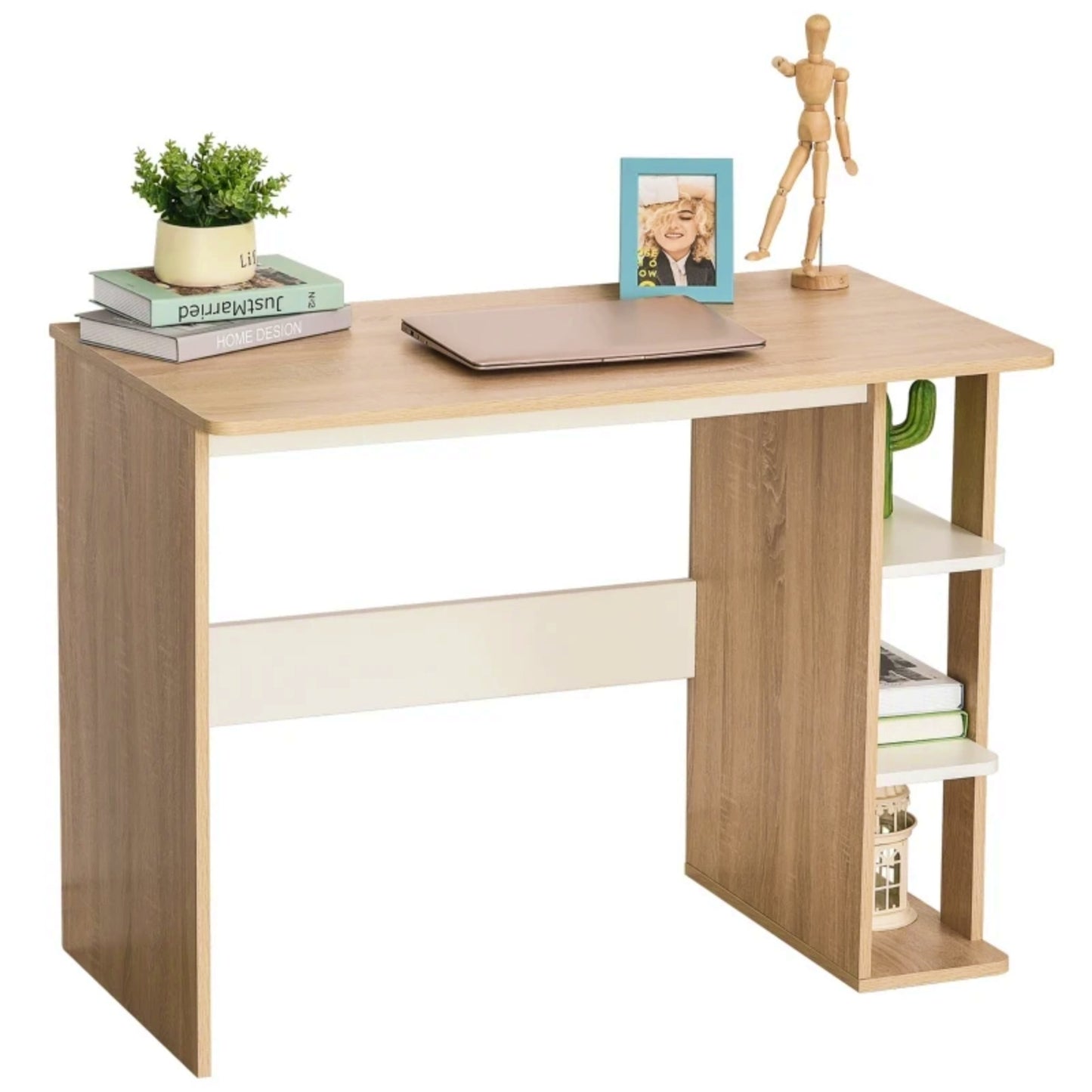 Modern Writing Desk Laptop Study Unit Compact Pc Table W/ Shelves Side Bookshelf