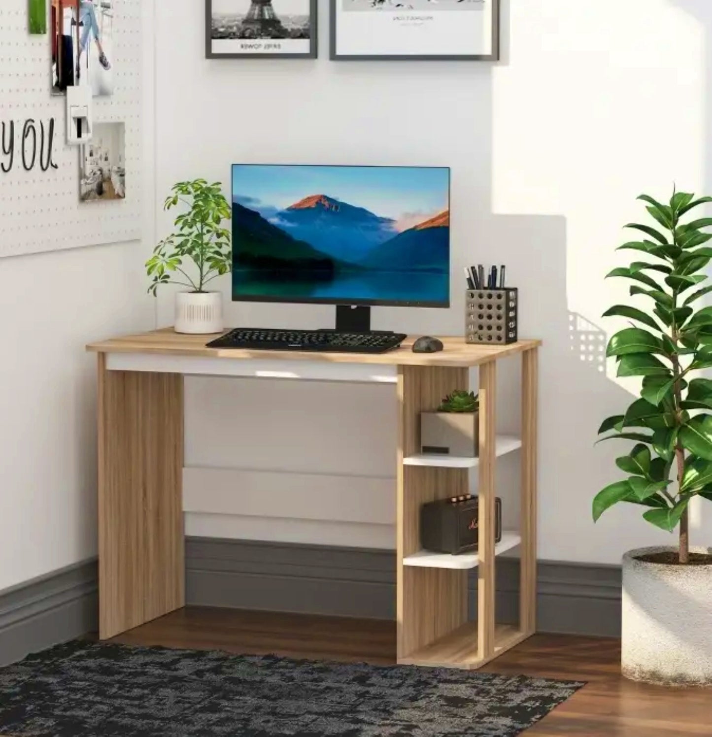 Modern Writing Desk Laptop Study Unit Compact Pc Table W/ Shelves Side Bookshelf