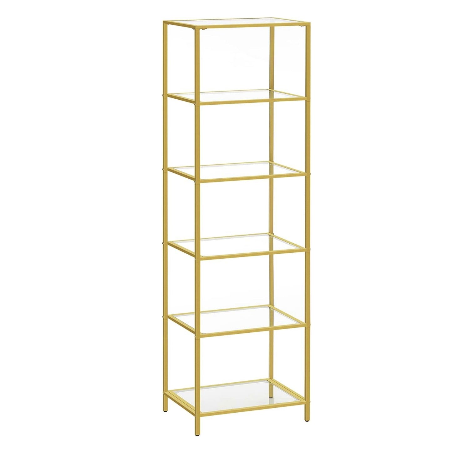 Tall Glass Shelving Unit Modern Glass 6-Tier Bookcase Metal Gold Narrow Storage Cabinet