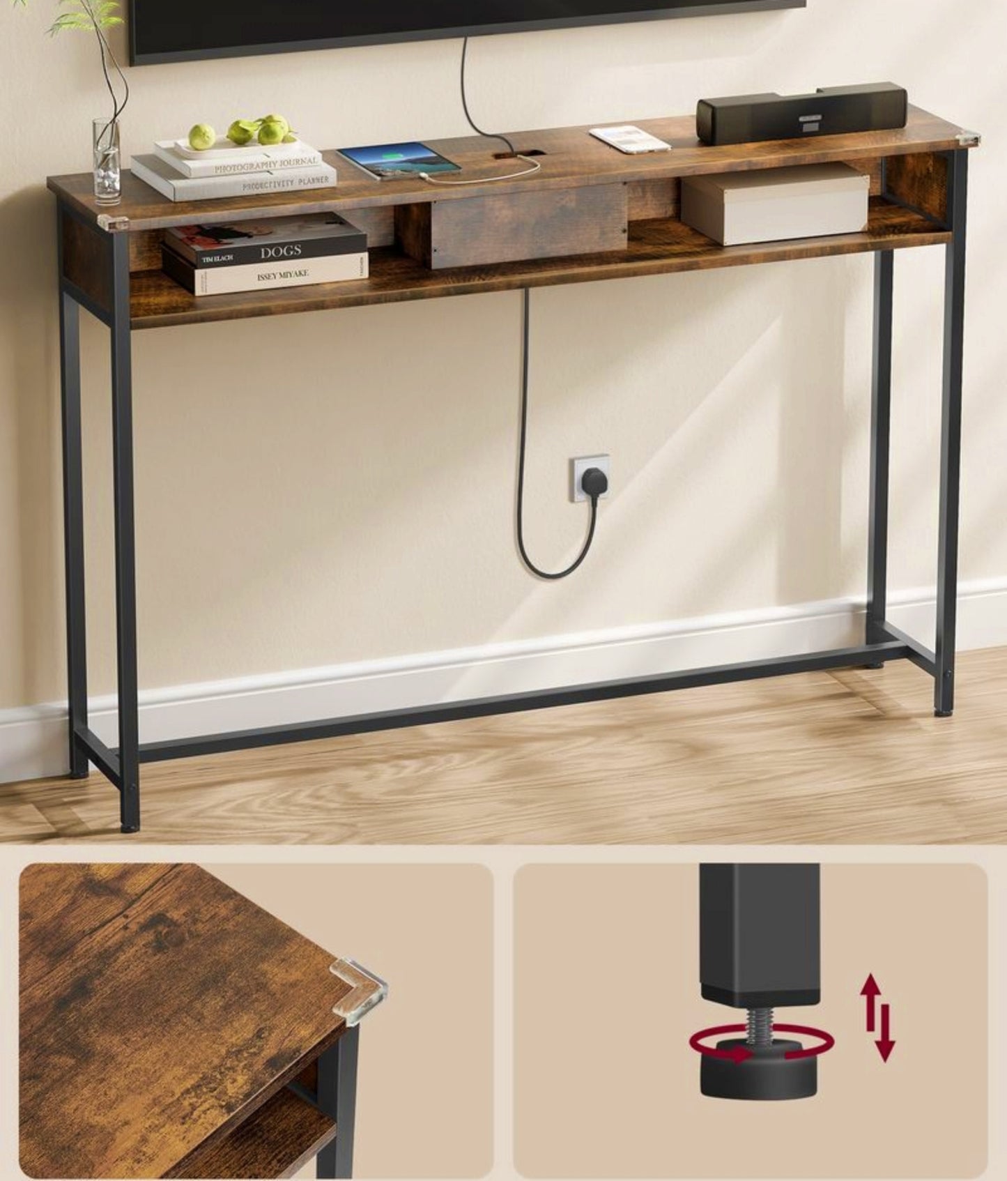 Narrow Console Table Industrial Slim Hallway Modern Storage Display Rack USB