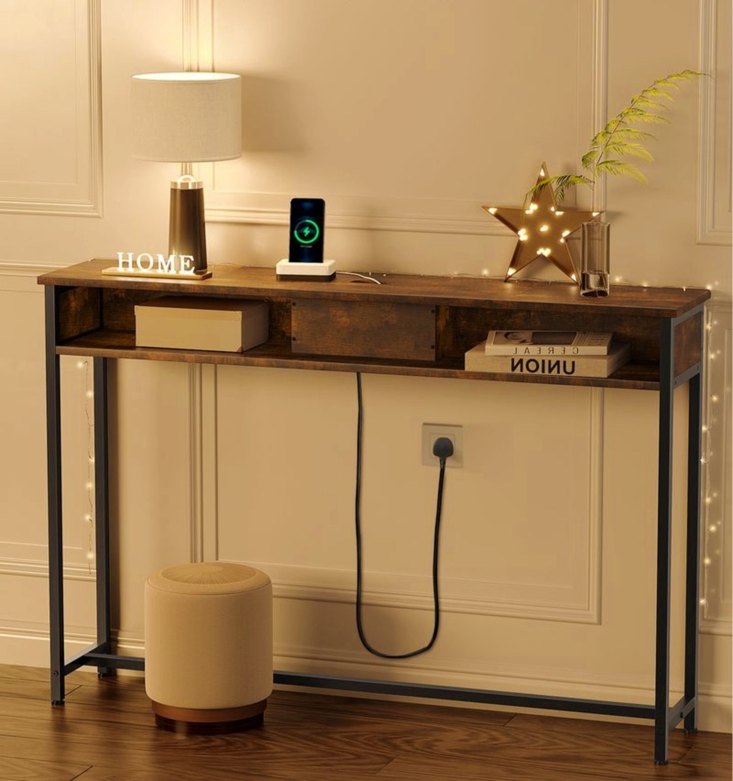 Narrow Console Table Industrial Slim Hallway Modern Storage Display Rack USB