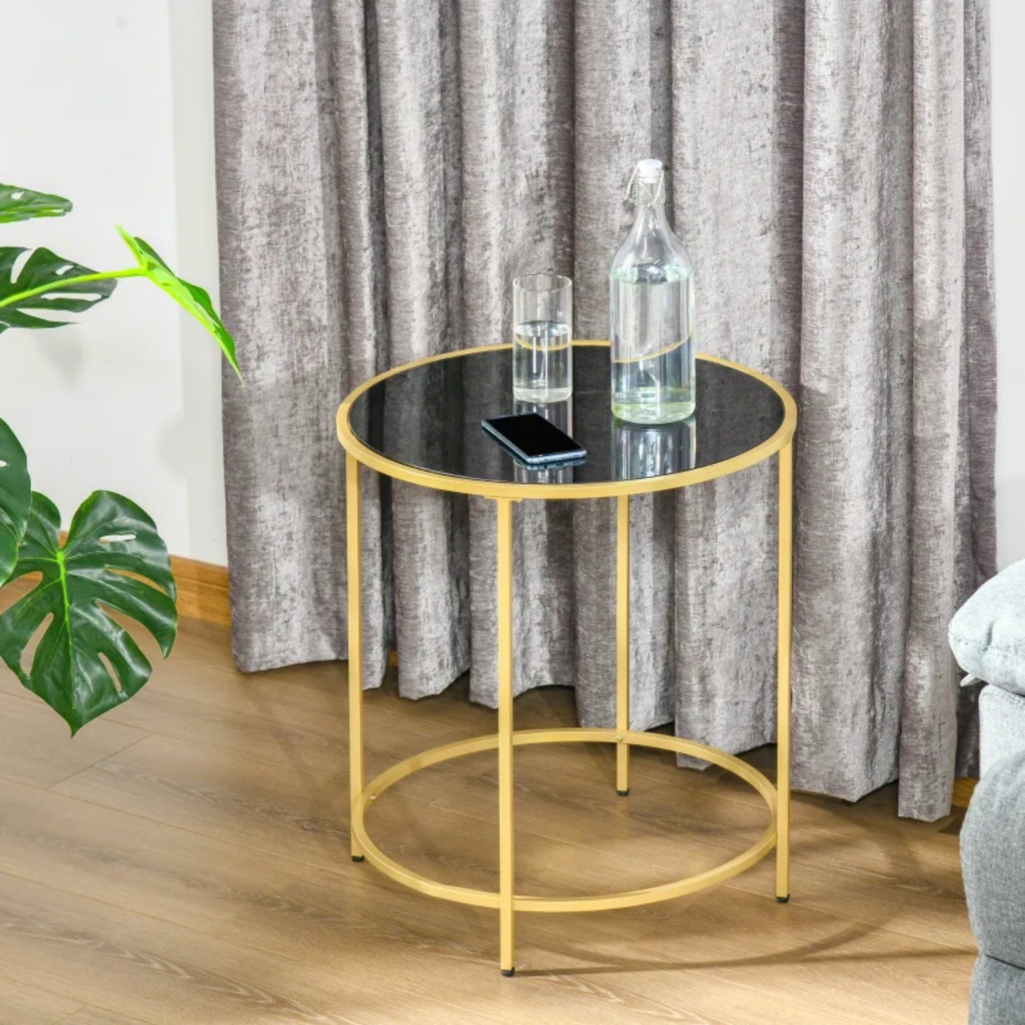 Round Side Table Modern Black Glass Top Contemporary Metal Gold Coffee Stand