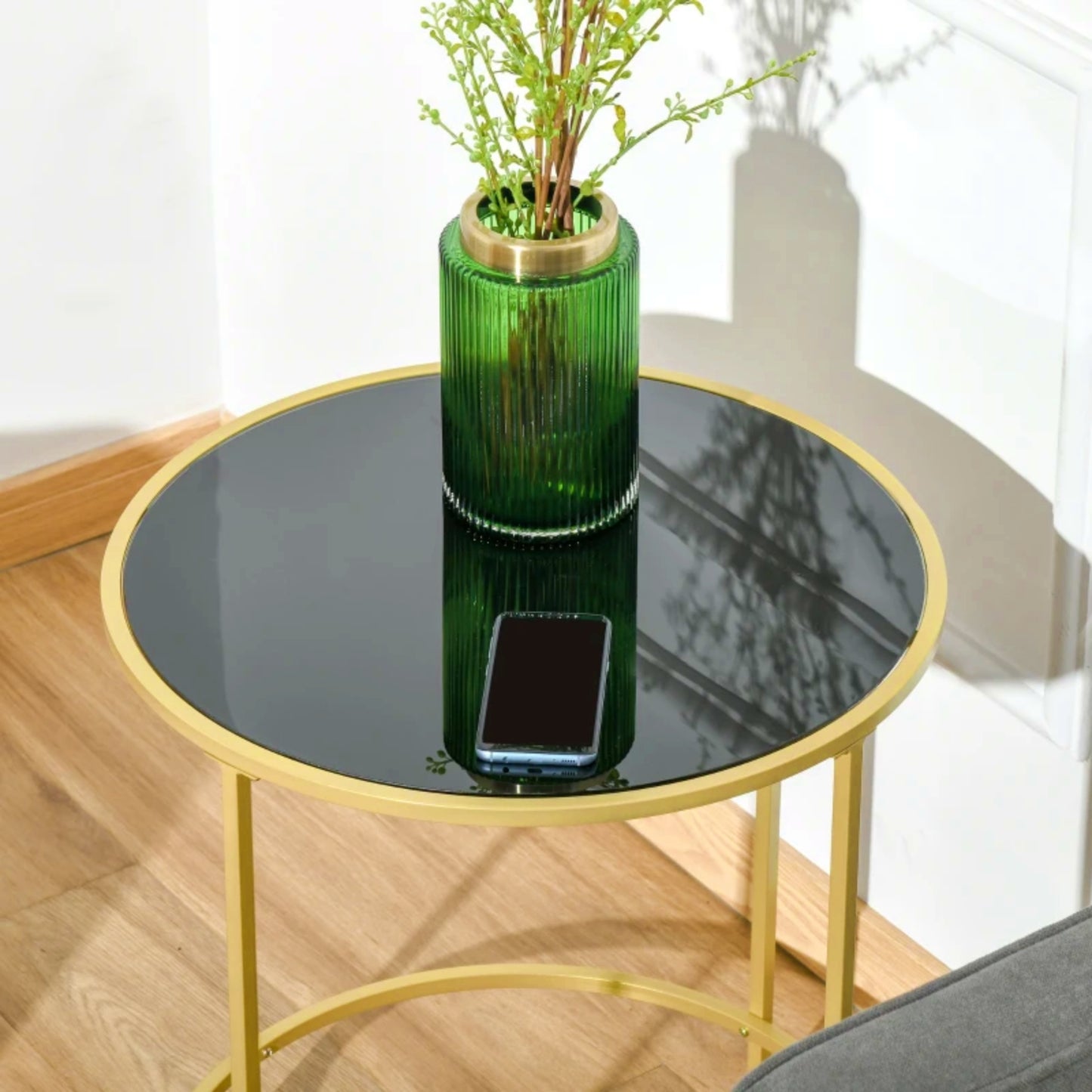 Round Side Table Modern Black Glass Top Contemporary Metal Gold Coffee Stand