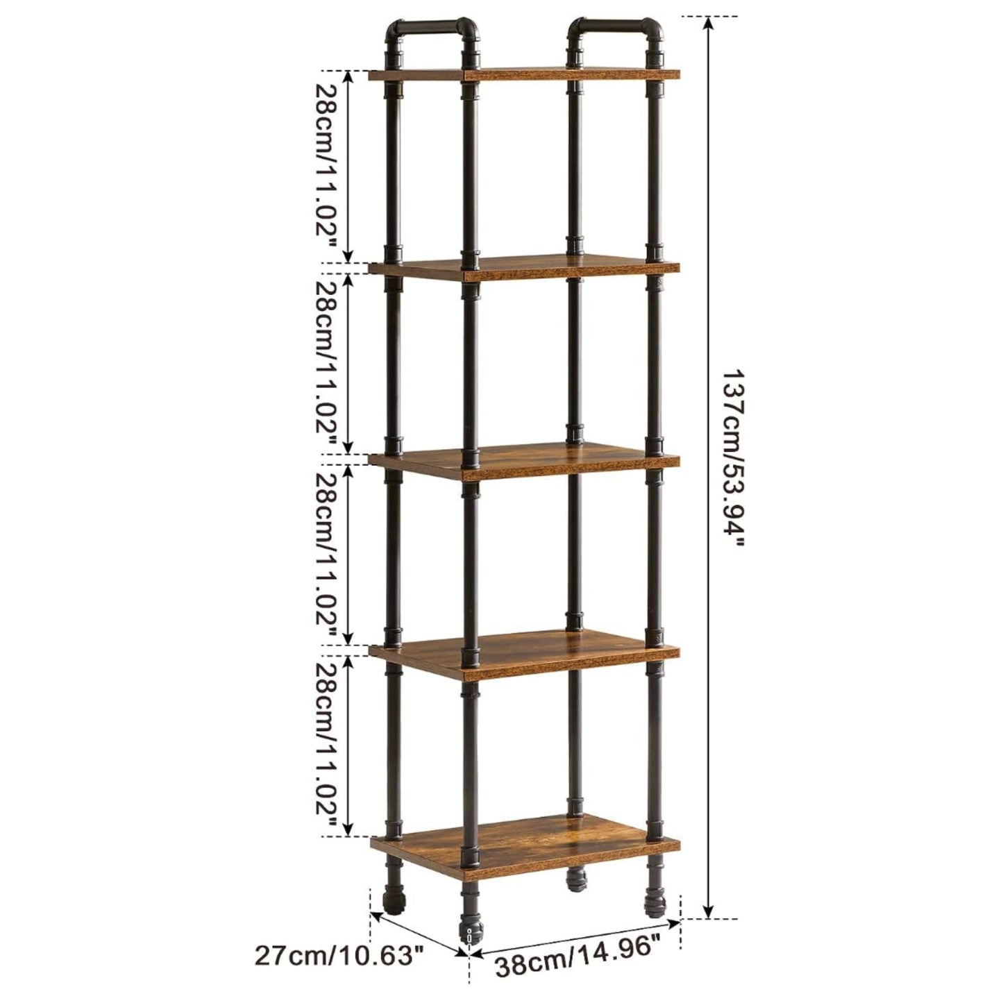 Vintage Industrial Bookcase 5 Tier Narrow Shelving Unit Rustic Storage Bookshelf