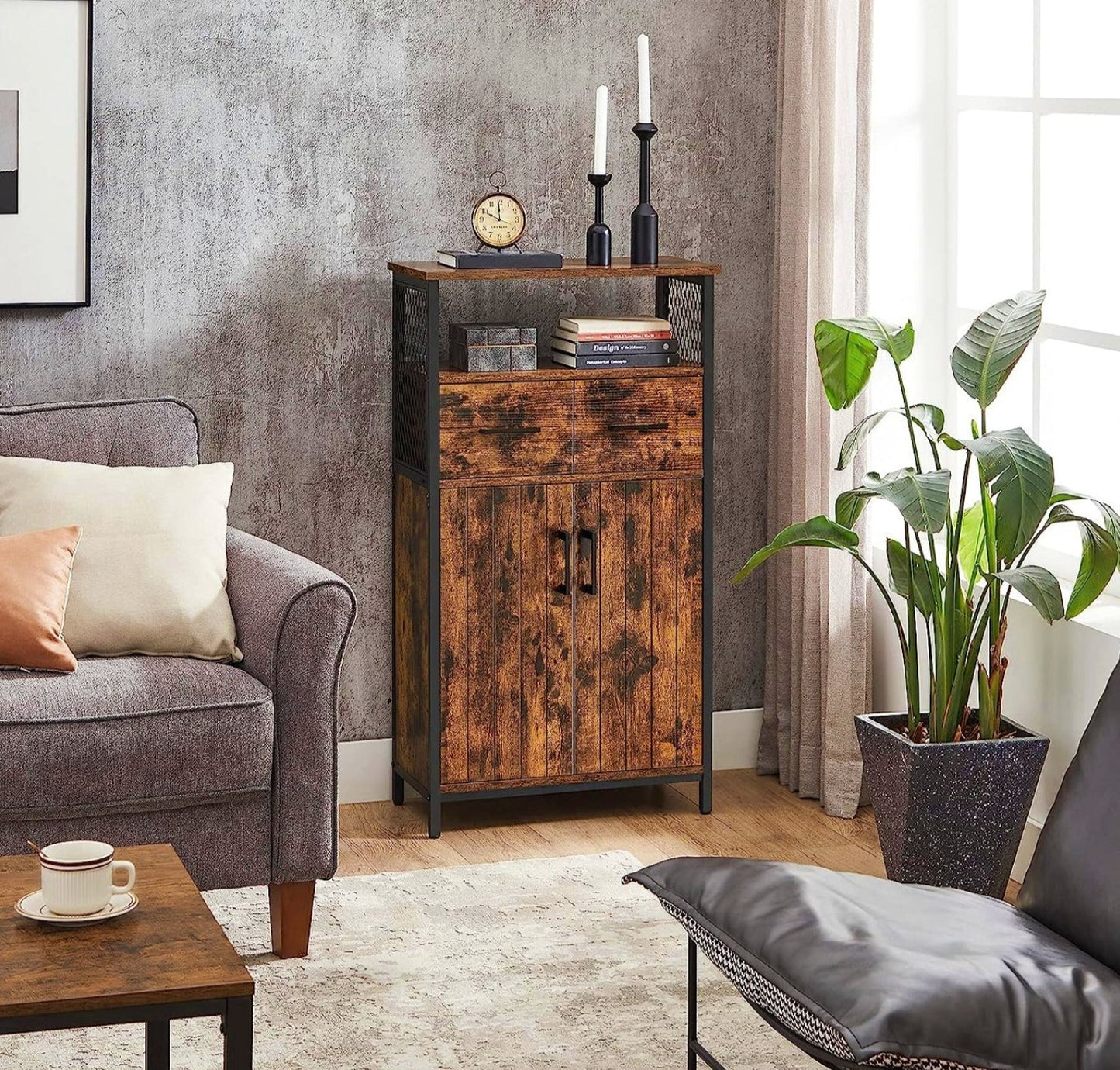 Rustic Storage Cabinet Industrial Slim Sideboard Hall Console Kitchen Cupboard