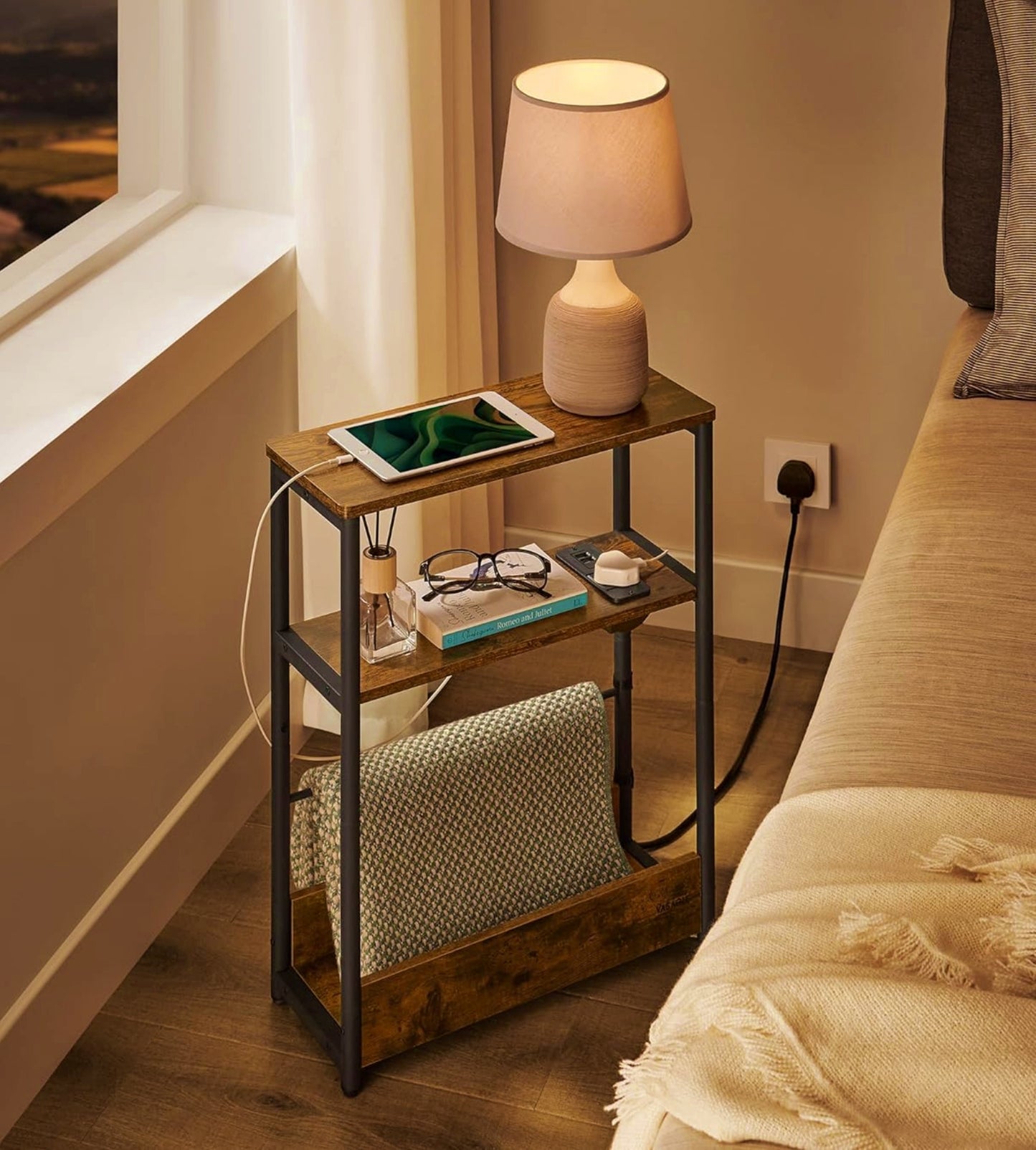 Narrow End Table Industrial Slim Side Nightstand Modern Magazine Book Rack USB Port