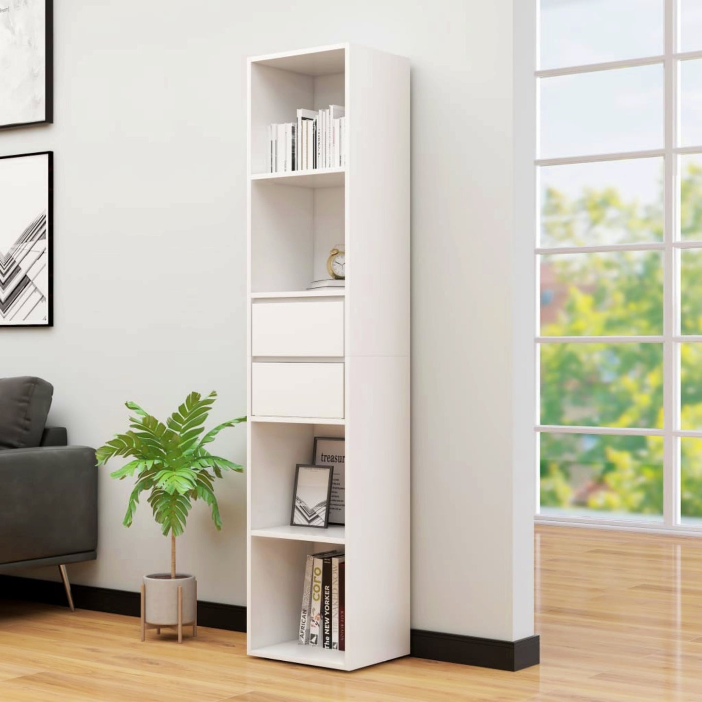 Modern Slim Bookcase White Lounge Bookshelf Contemporary Display Stand Narrow Storage Cabinet