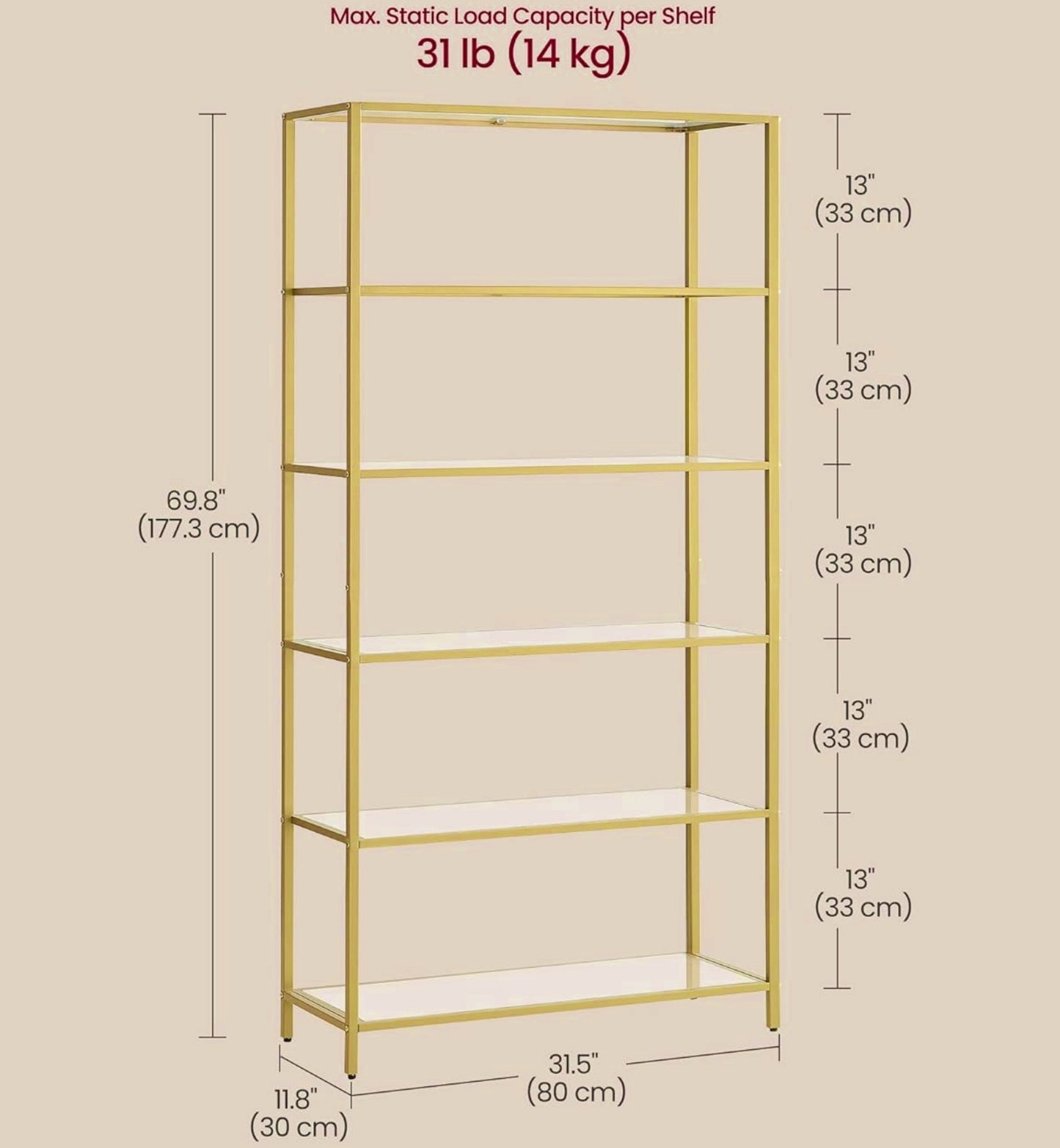 Tall Glass Bookcase Modern 6-Tier Shelving Unit Metal Gold Narrow Display Cabinet