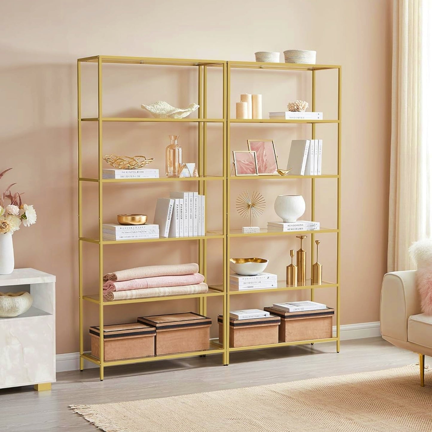 Tall Glass Bookcase Modern 6-Tier Shelving Unit Metal Gold Narrow Display Cabinet