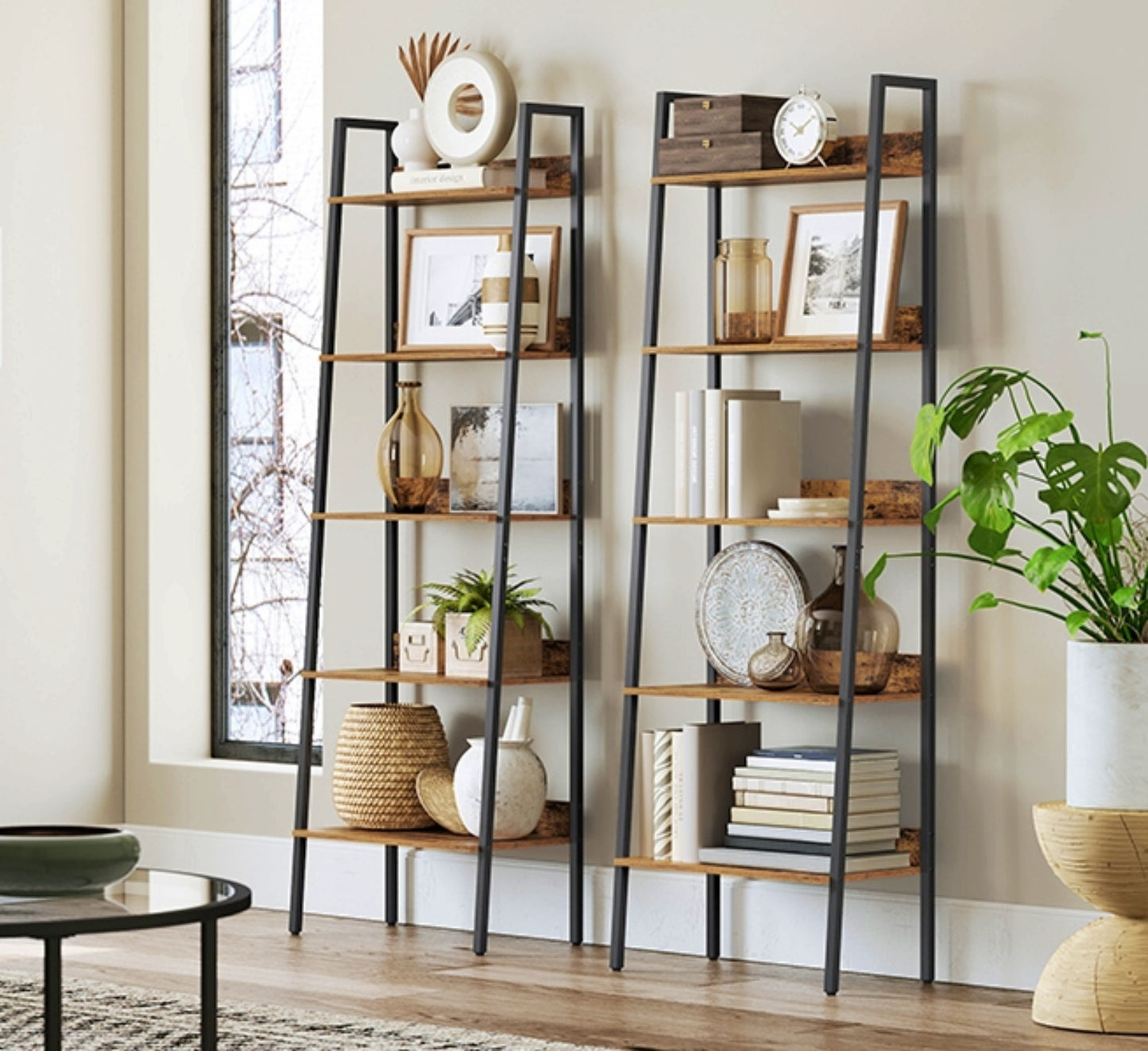 Industrial Vintage Bookcase 5-Tier Ladder Shelving Unit Narrow Tall Bookshelf Rustic Storage Plant Stand