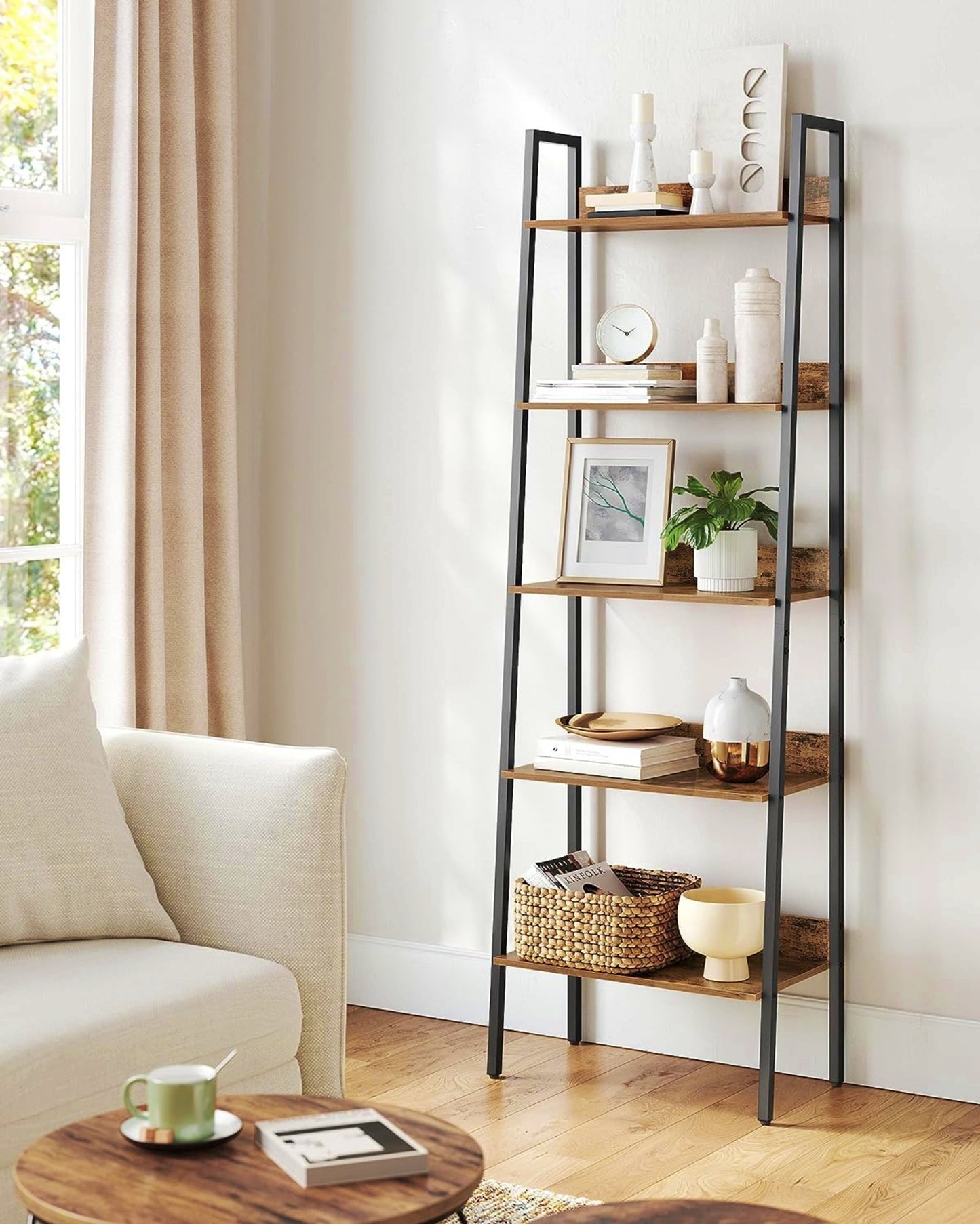 Industrial Vintage Bookcase 5-Tier Ladder Shelving Unit Narrow Tall Bookshelf Rustic Storage Plant Stand