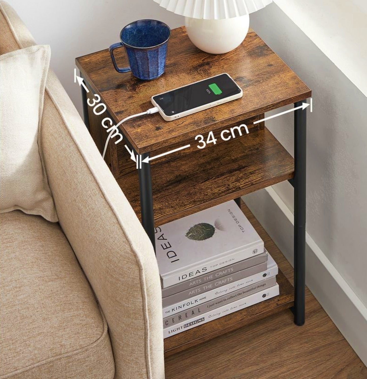 USB Charging Station Side Table Vintage End Sofa Table Industrial Nightstand Rustic Bedside Cabinet