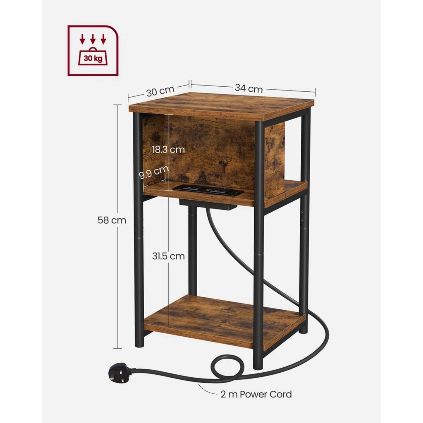 USB Charging Station Side Table Vintage End Sofa Table Industrial Nightstand Rustic Bedside Cabinet